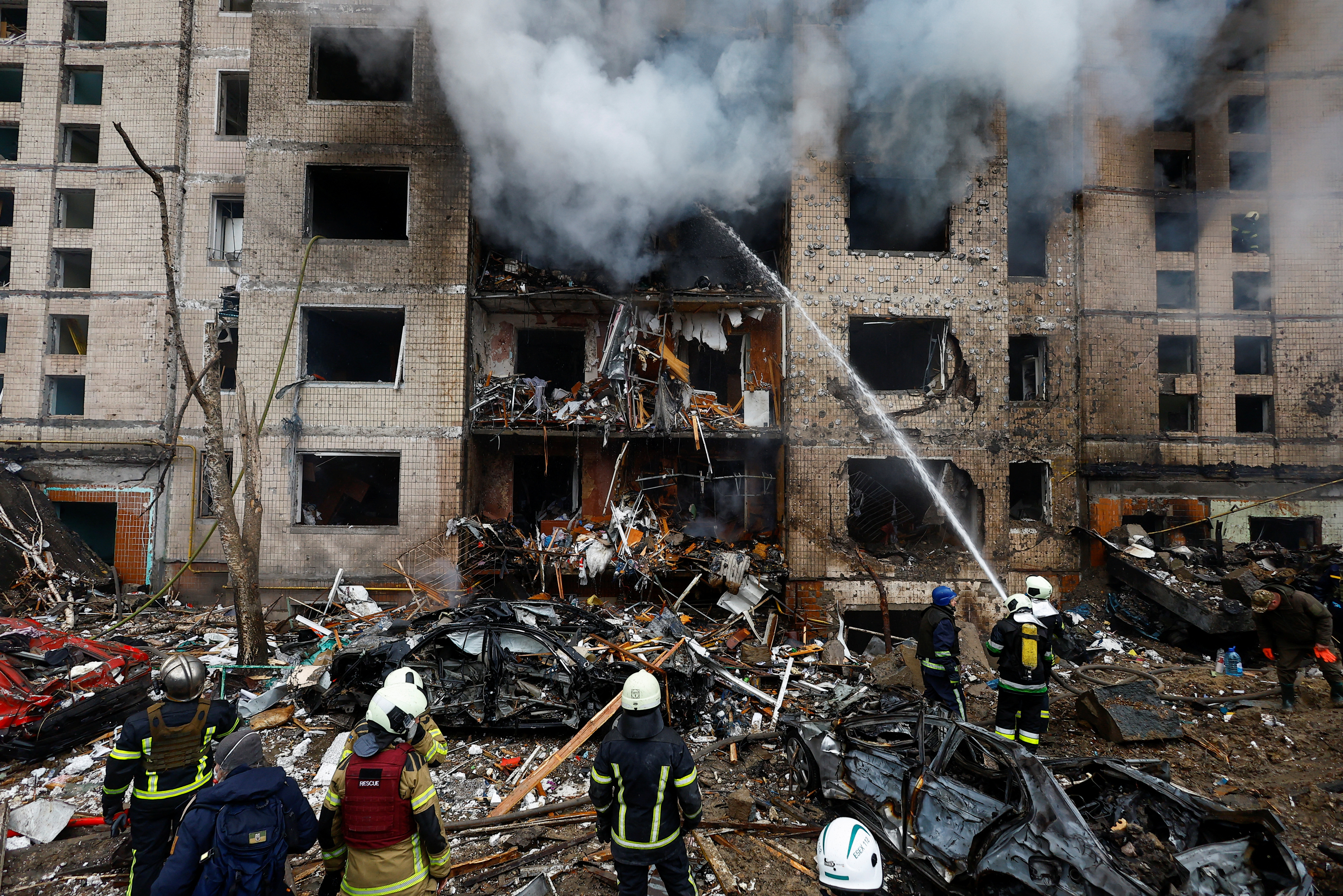 A view of a site of a residential building heavily damaged during a Russian missile attack, amid Russia's attack on Ukraine, in Kyiv, Ukraine