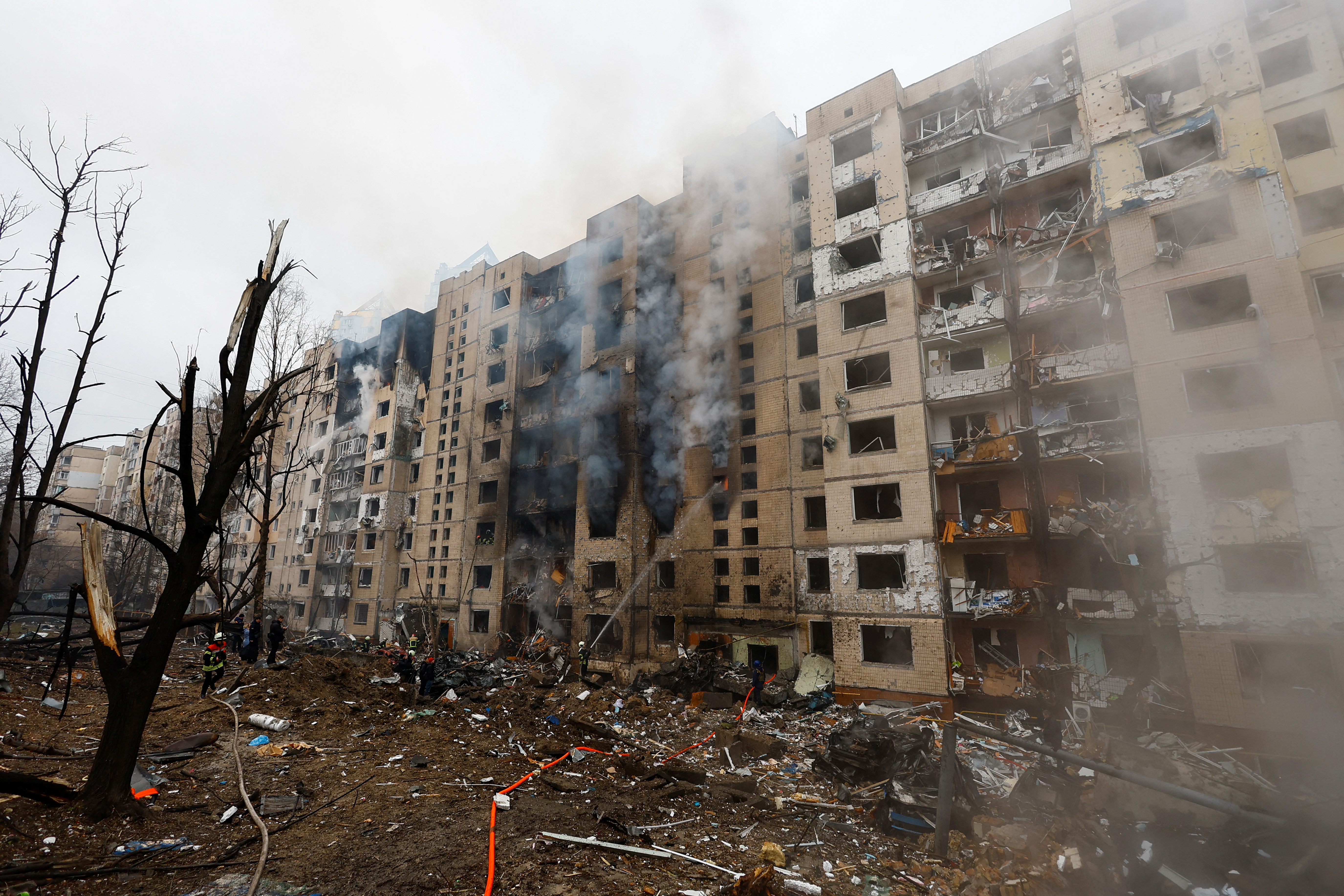 A view of a site of a residential building heavily damaged during a Russian missile attack, amid Russia's attack on Ukraine, in Kyiv, Ukraine