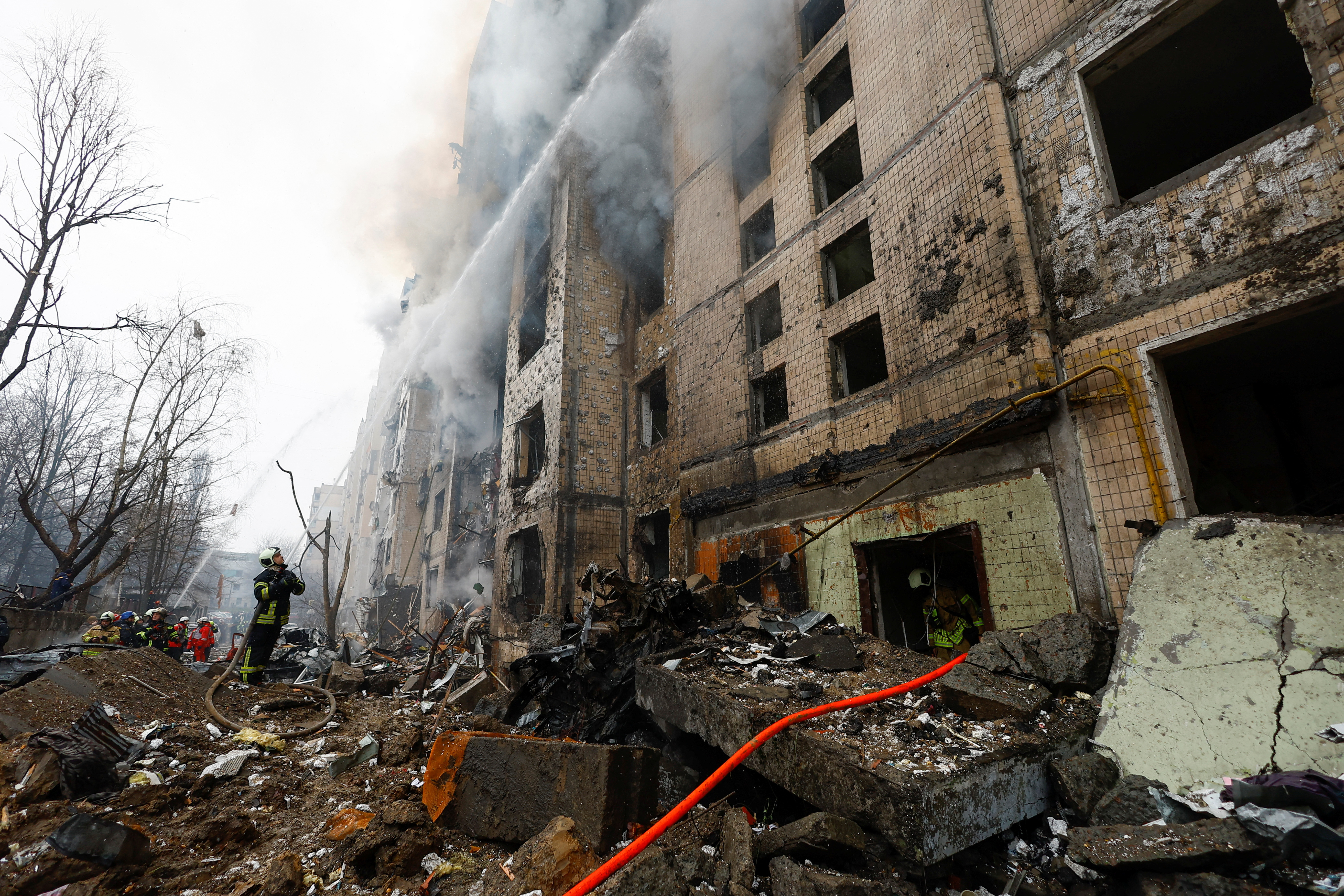 A view of a site of a residential building heavily damaged during a Russian missile attack, amid Russia's attack on Ukraine, in Kyiv, Ukraine