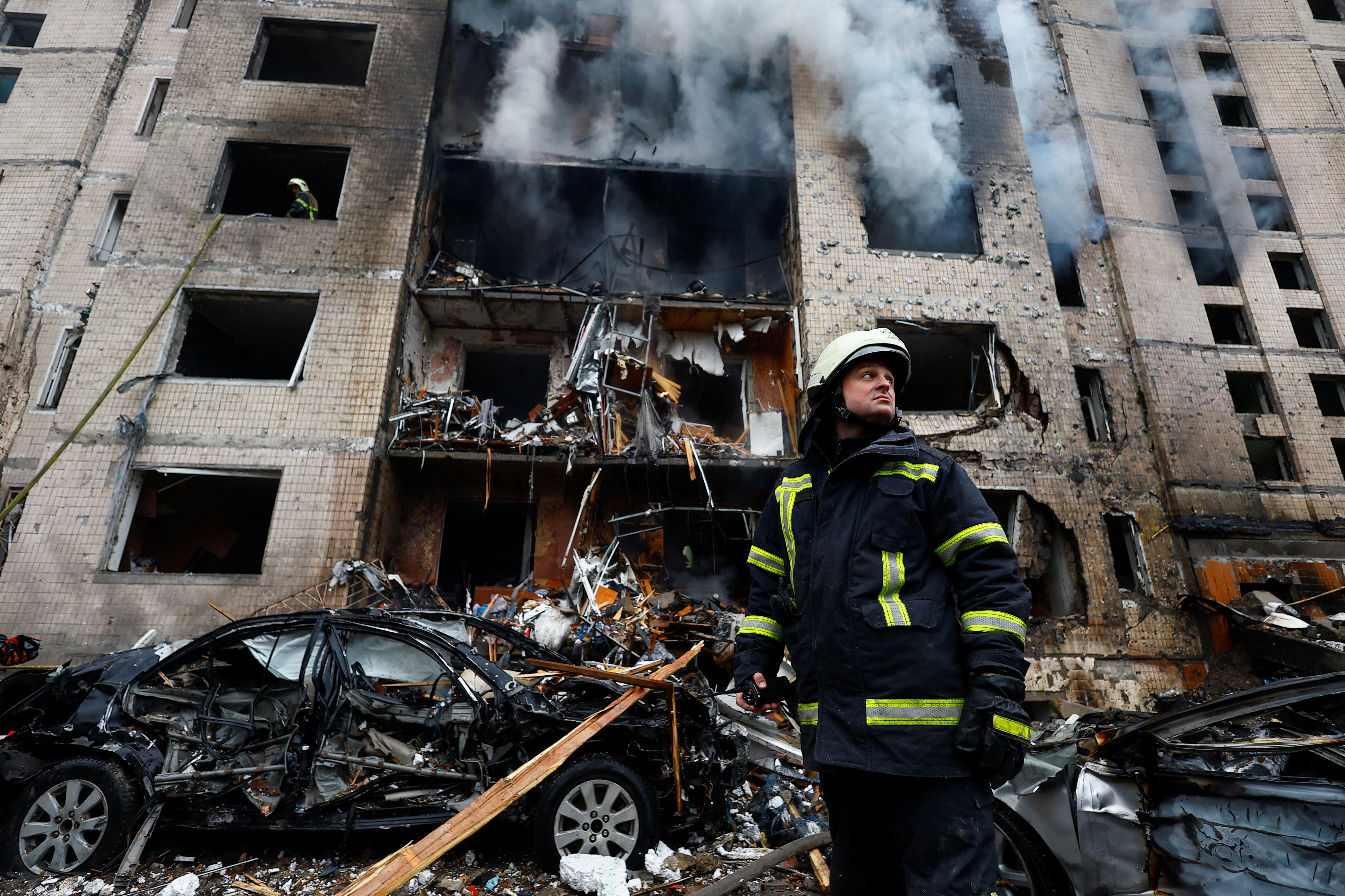 A view of a site of a residential building heavily damaged during a Russian missile attack, amid Russia's attack on Ukraine, in Kyiv, Ukraine