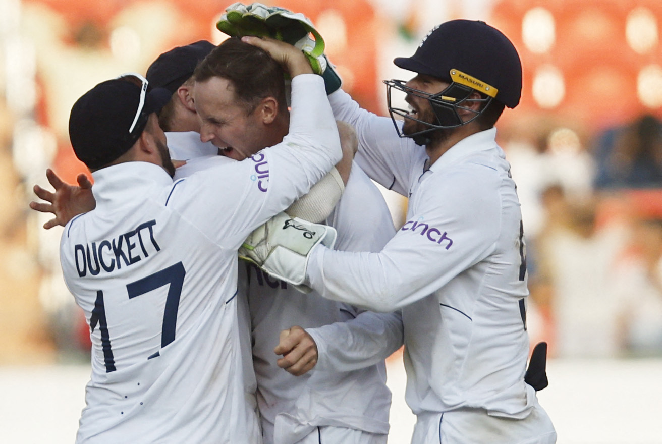 Cricket - First Test - India v England - Rajiv Gandhi International Stadium, Hyderabad, India - January 28, 2024 England's Tom Hartley celebrates after taking the wicket of India's Srikar Bharat REUTERS/Francis Mascarenhas