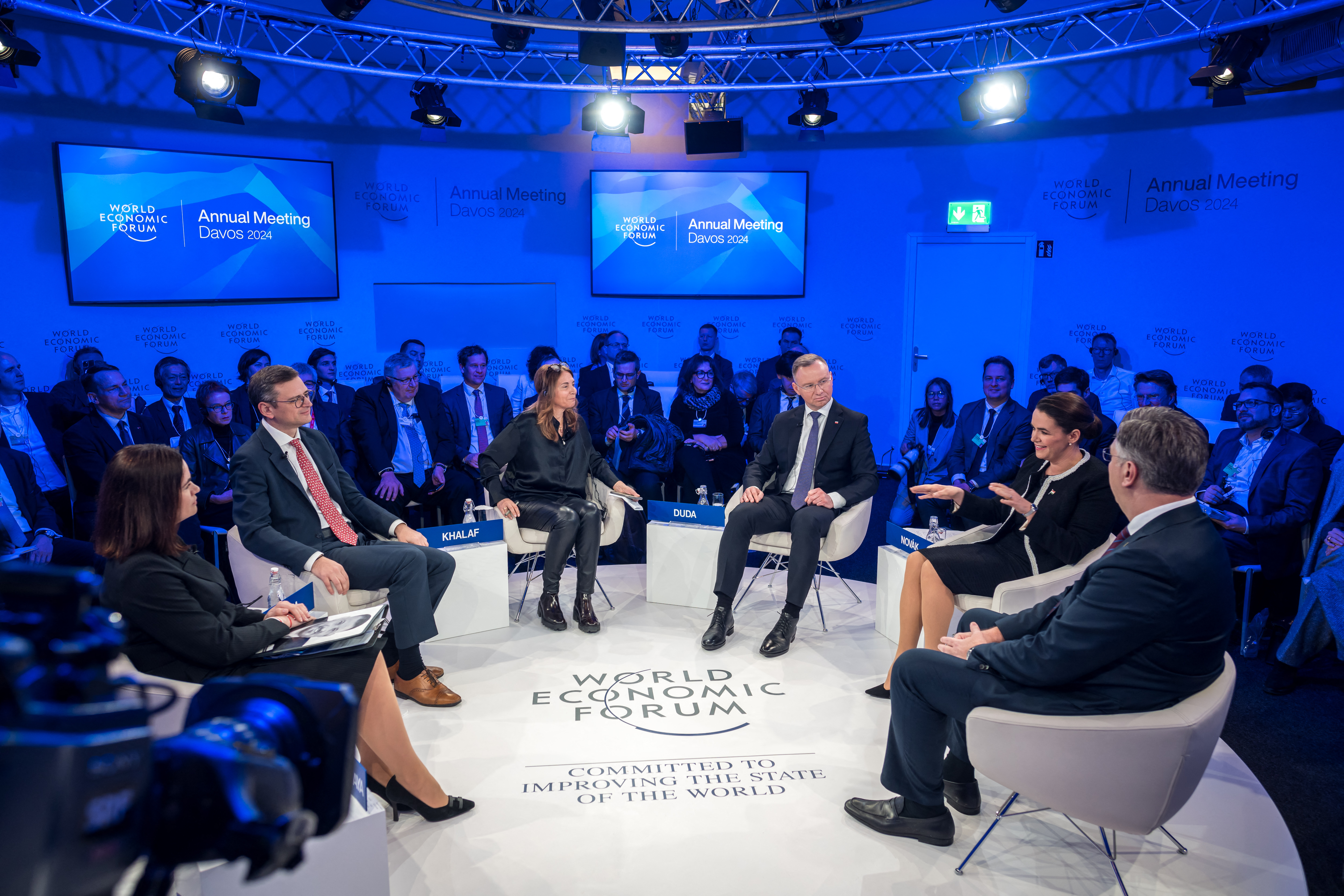 (From L) Belarusian opposition leader Sviatlana Tsikhanouskaya, Ukraine's Foreign Minister Dmytro Kuleba Financial Times editor Roula Khalaf, Polish President Andrzej Duda, Hungarian President Katalin Novak and Croatia's Prime Minister Andrej Plenkovic attend a session at the World Economic Forum (WEF) in Davos on January 17, 2024. (Photo by Fabrice COFFRINI / AFP)