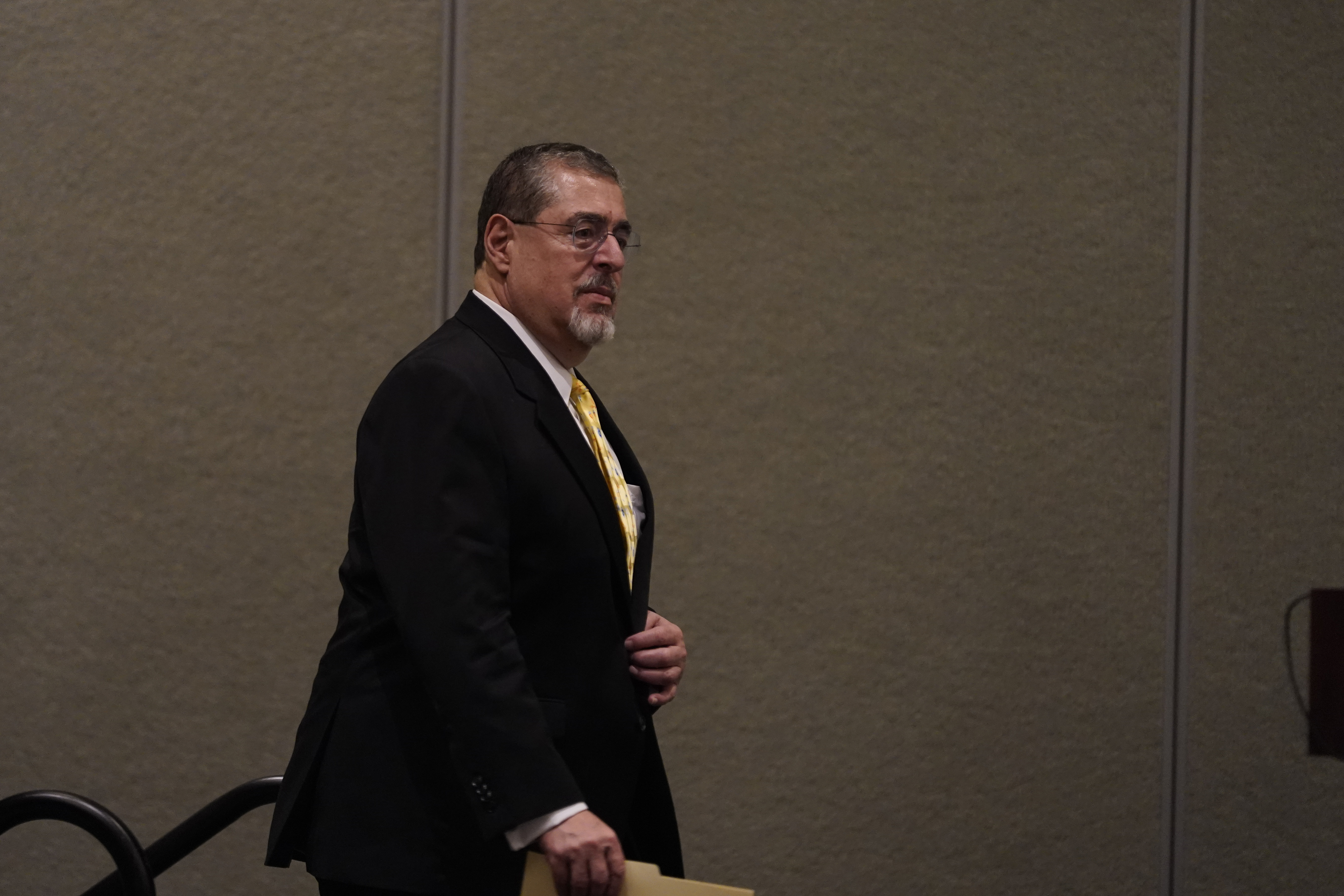 Guatemalan President-elect Bernardo Arévalo arrives for a news conference, alongside Josep Borrell Fontelles, High Representative of the European Union for Foreign Affairs and Security Policy, the night before Arévalo's inauguration in Guatemala City, Saturday, Jan. 13, 2024. (AP Photo/Moises Castillo)