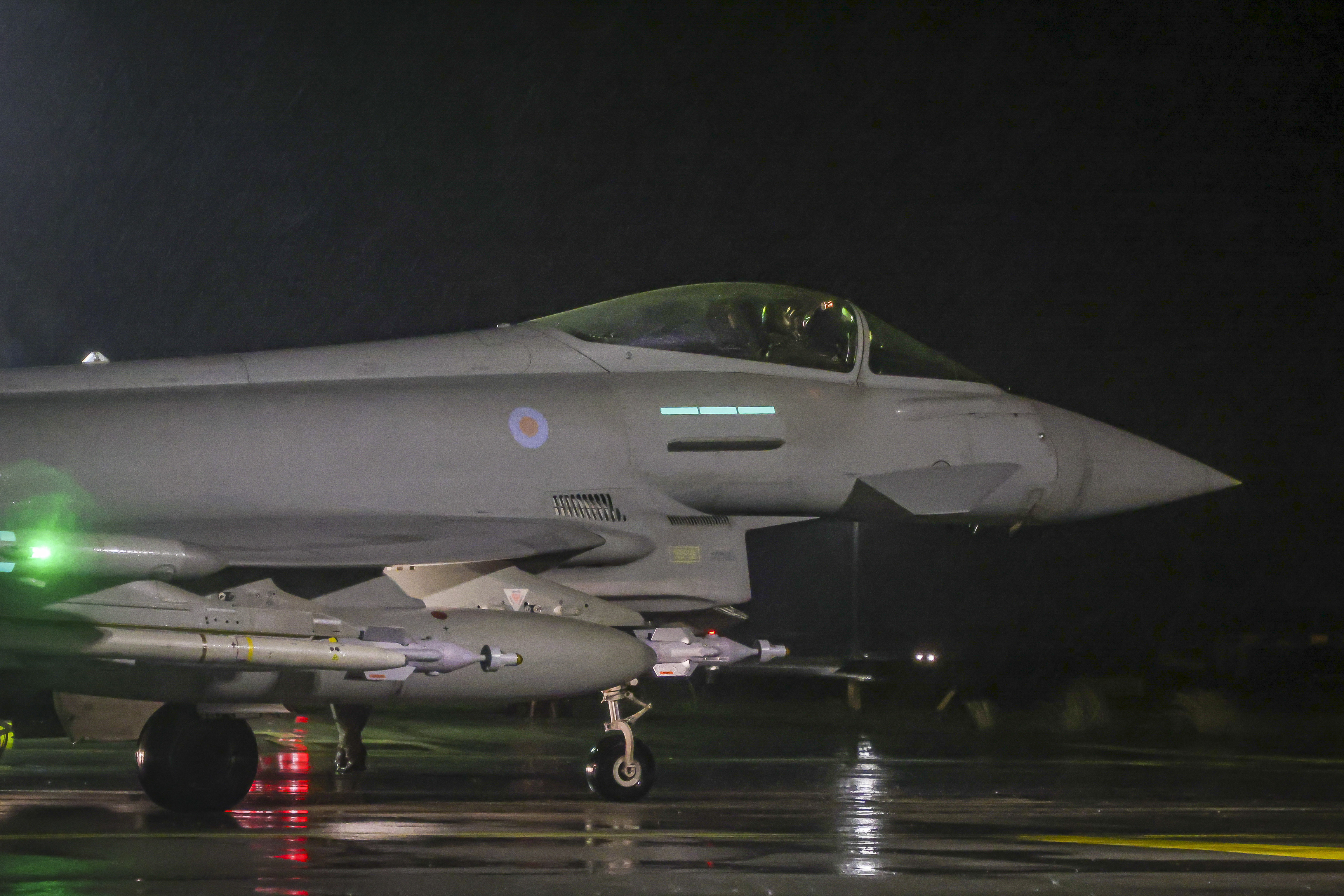 A Royal Air Force Typhoon FGR4 takes off to carry out air strikes against Houthi military targets