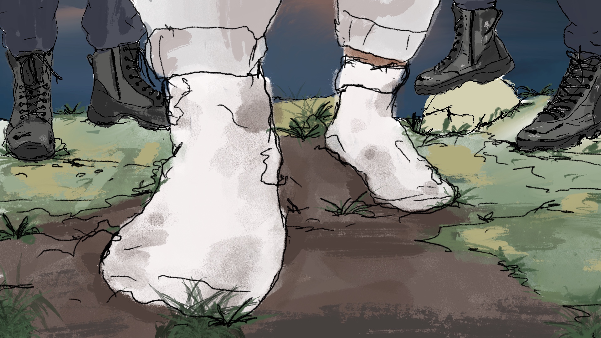 An illustration of a person who is a prisoner walking on grass and mud but with only their feet with muddy socks showing with two police officers with only their feet showing and their black boots, one on each side of the person with muddy socks in the middle.