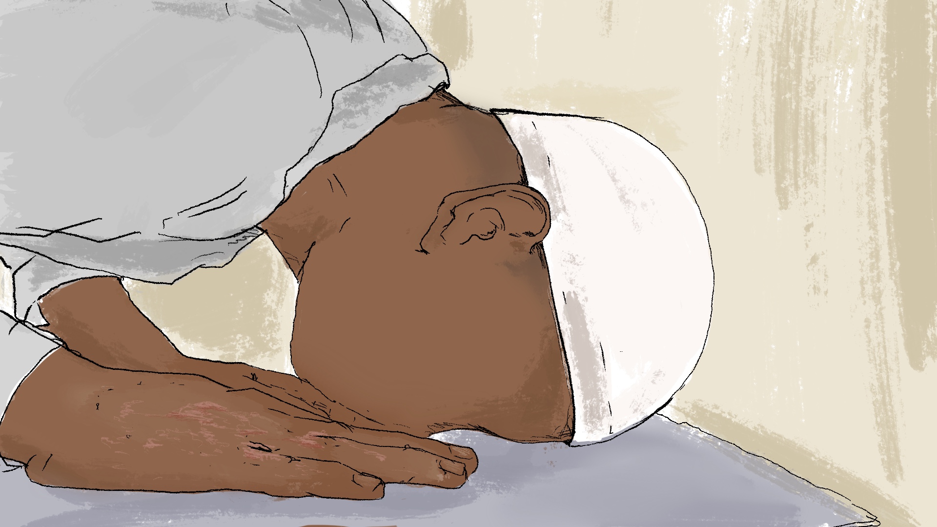 An illustration of a person who is a Muslim prisoner praying.