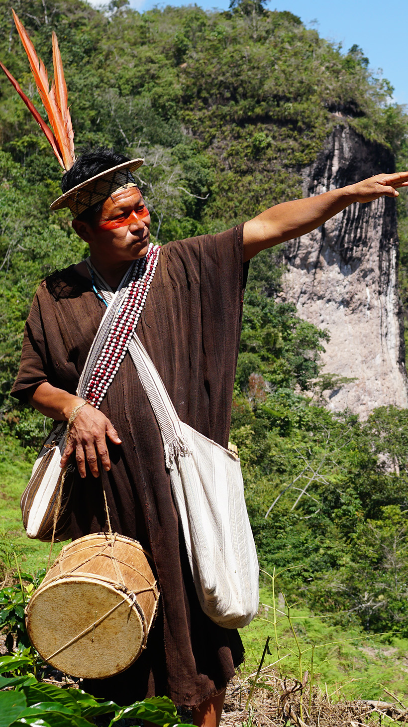 An Indigenous Ashaninka man, dressed in a straw hat topped with three upright red macaw feathers, points over the forested mountains of Peru's Amazon.