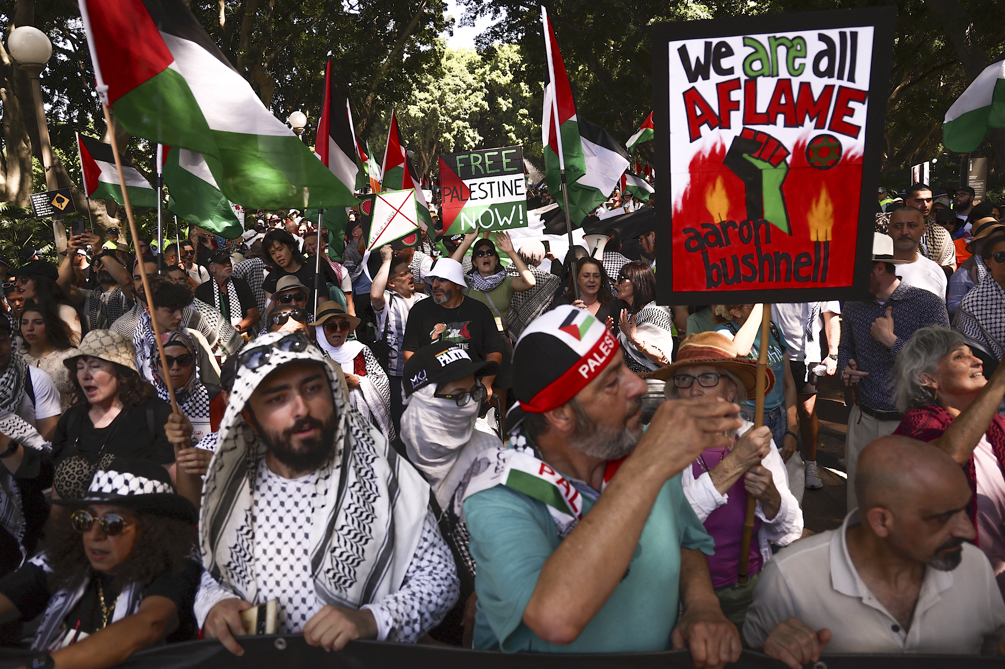 Members of the Australian Palestinian community and supporters wave Palestinian flags as others hold placards and banners during a protest in central Sydney on March 3