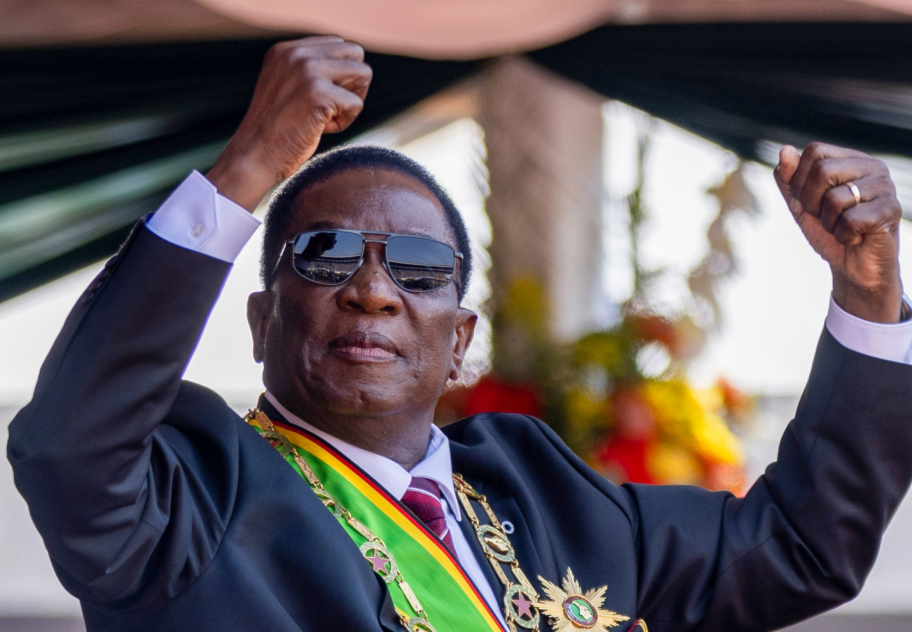 Zimbabwe's president Emmerson Mnangagwa dances as he celebrates after being inaugurated at a local stadium on September 4, 2023 in Harare, Zimbabwe. Mnangagwa won a new term in the country's general elections held in late August. (Photo by Tafadzwa Ufumeli/Getty Images)
