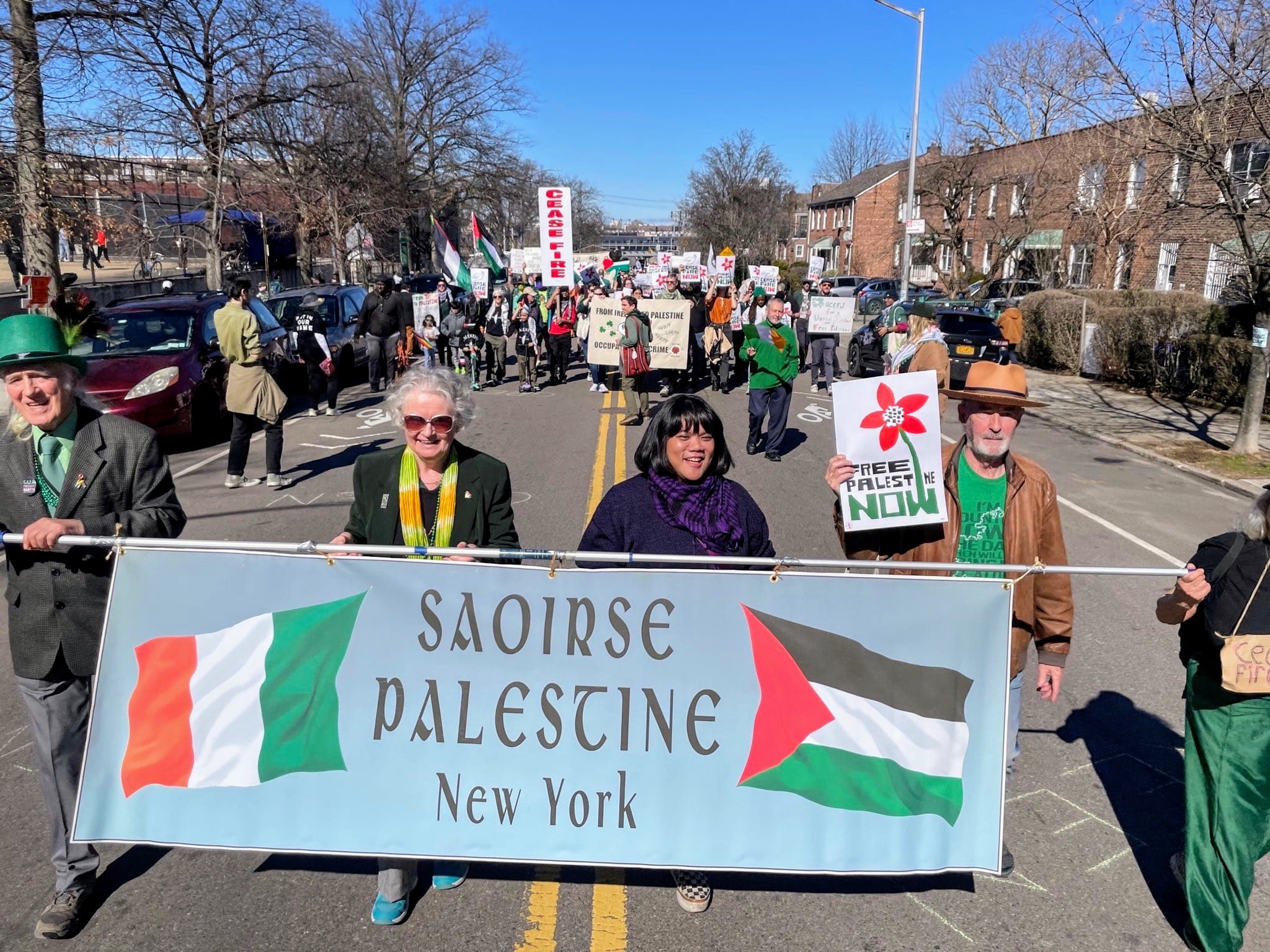 A pro-Palestine group marches in the "St Pats for All" Parade in Queens, New York, on March 3rd. The parade, an inclusive alternative to the official city parade, is supported by the Irish Department of Foreign Affairs [Delaney Nolan/Al Jazeera]