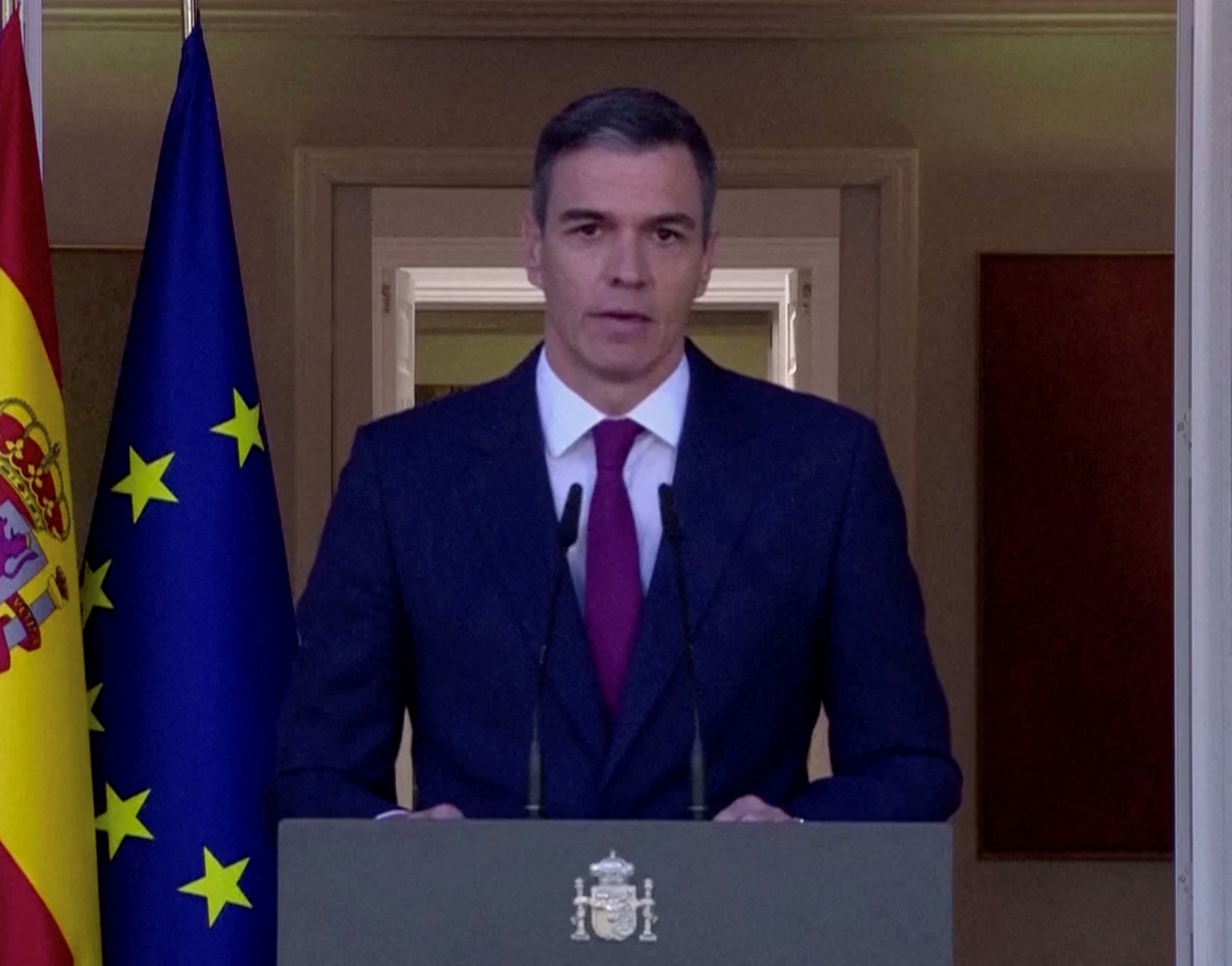 Spain's Prime Minister Pedro Sanchez delivers remarks in Madrid, Spain April 29, 2024 in this still image from a televised reading statement. Spanish Government TV/Reuters TV via REUTERS THIS IMAGE HAS BEEN SUPPLIED BY A THIRD PARTY
