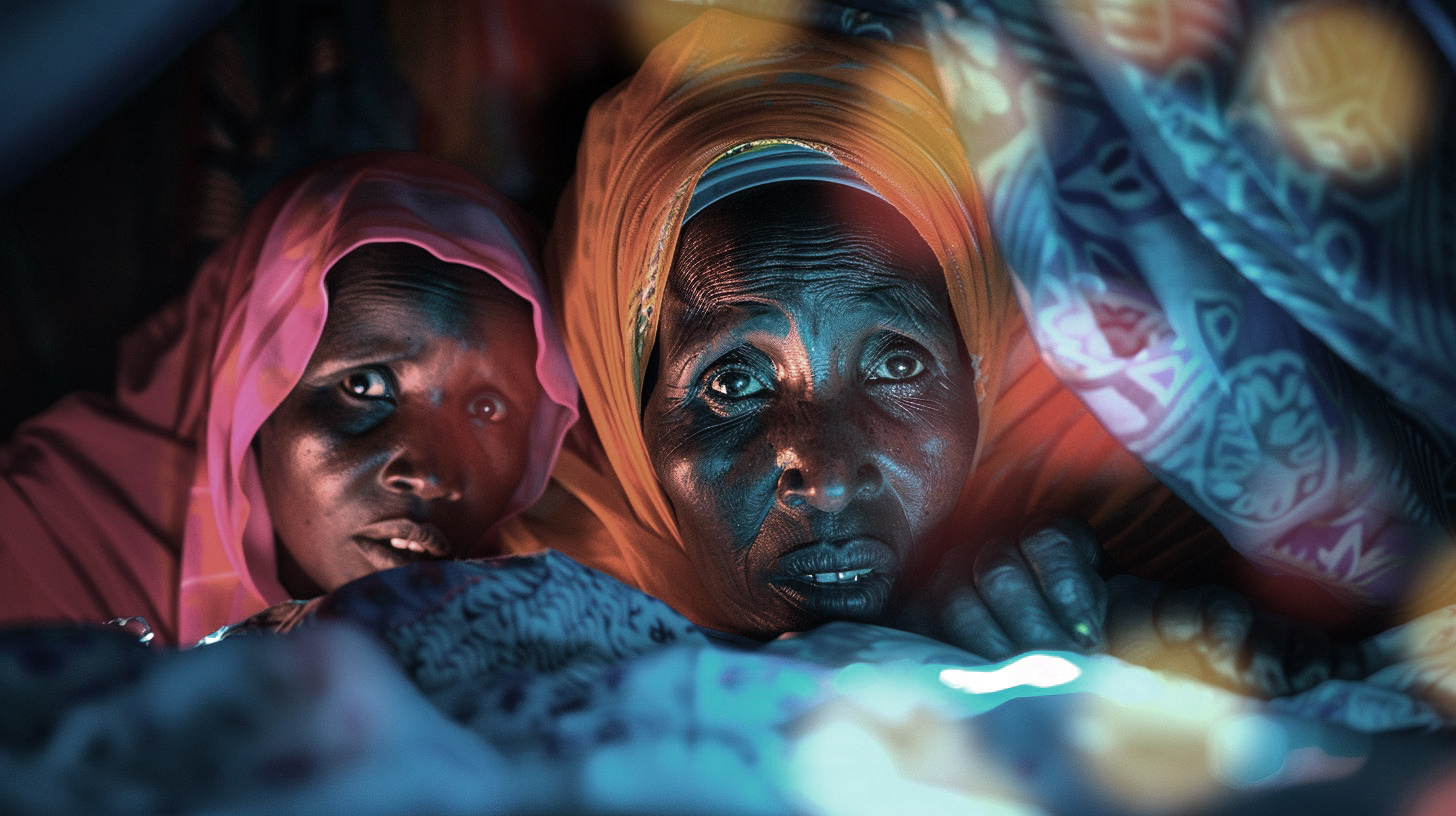 Scared women's faces looking out from bedding