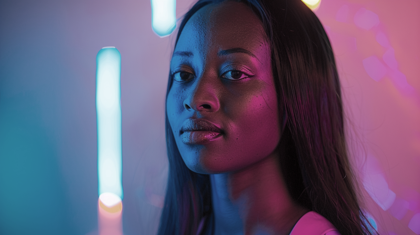 Long-haired woman looking at the frame