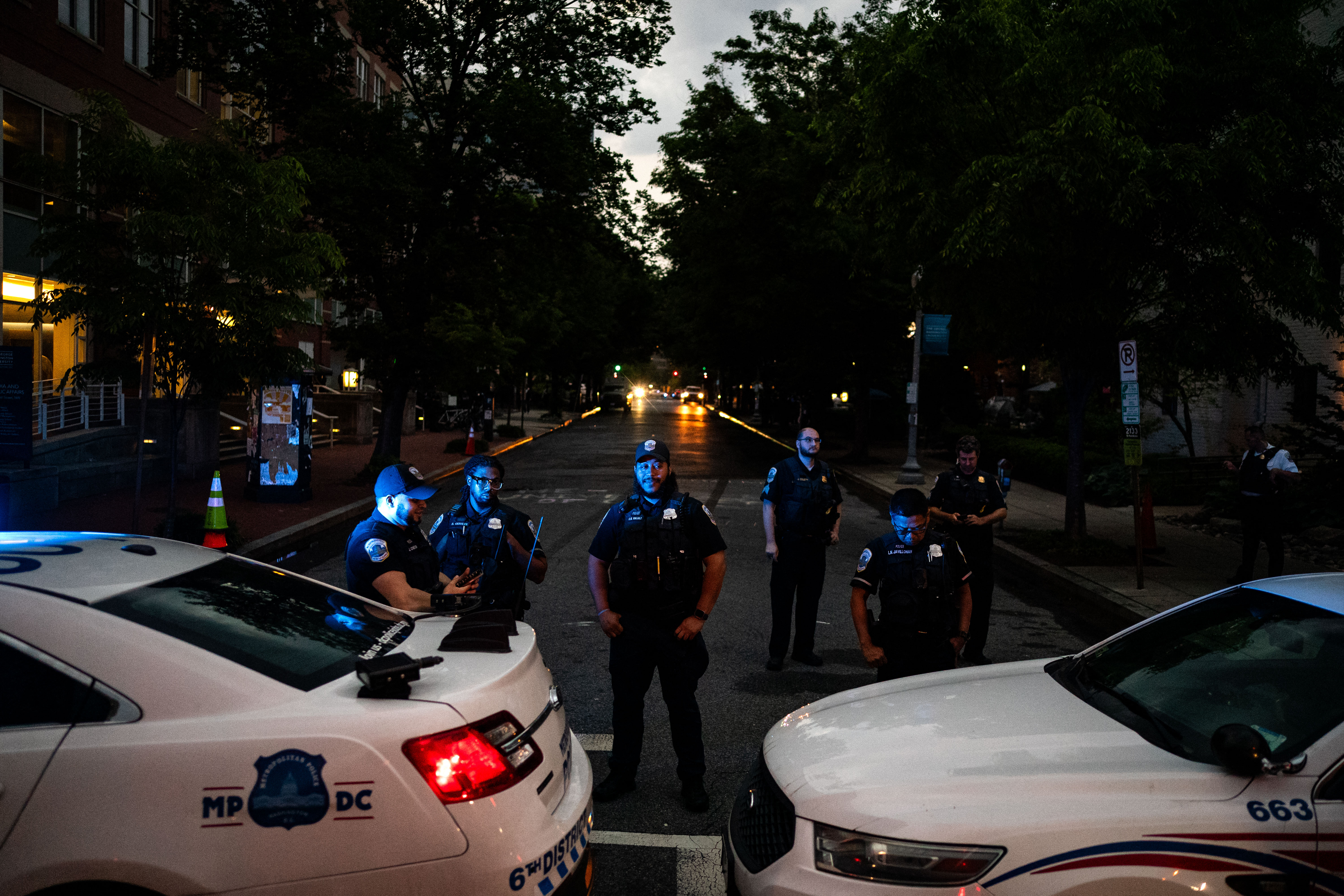 Police stand near where they cleared a pro-Palestinian encampment