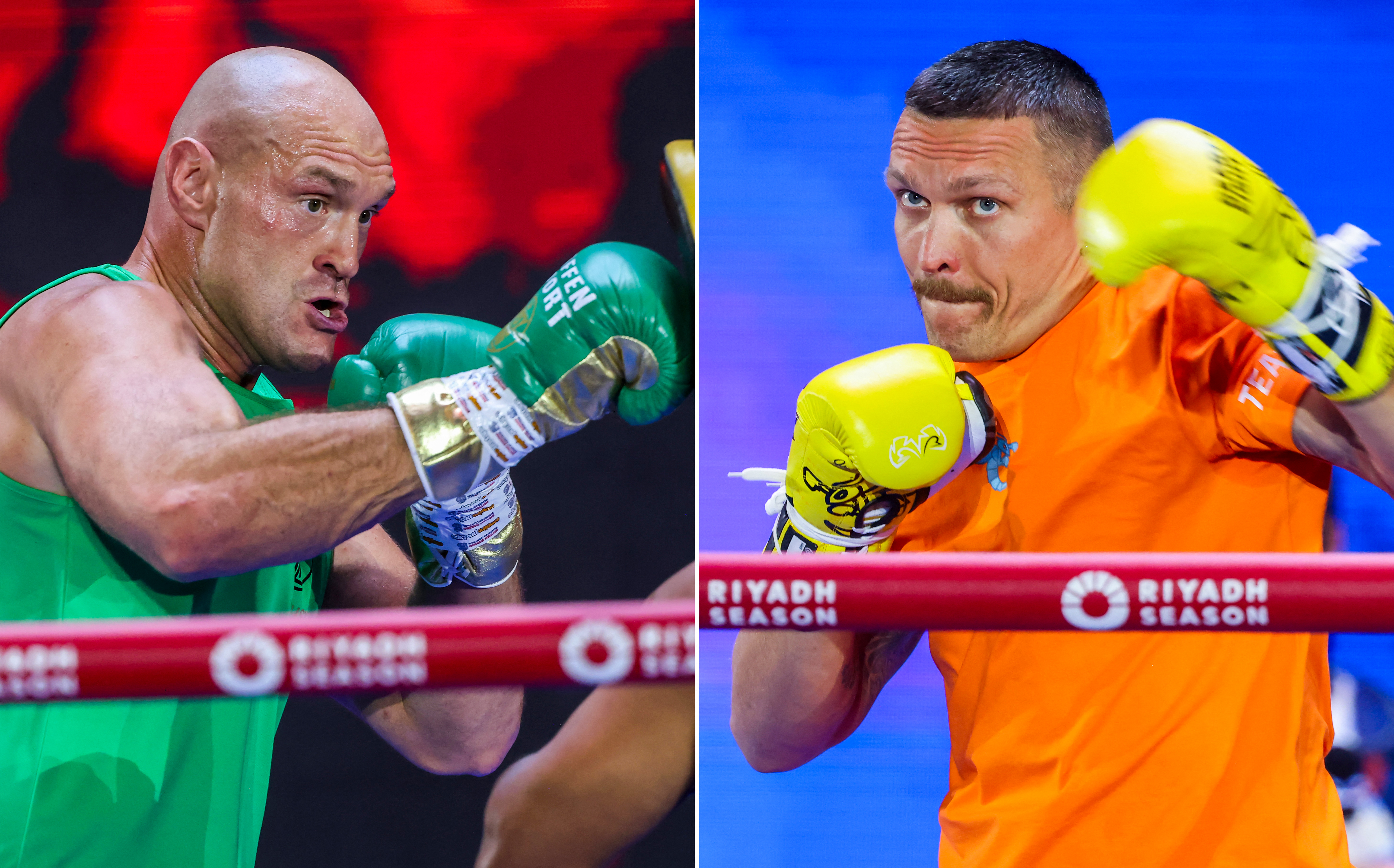 Two boxers training in the gym.