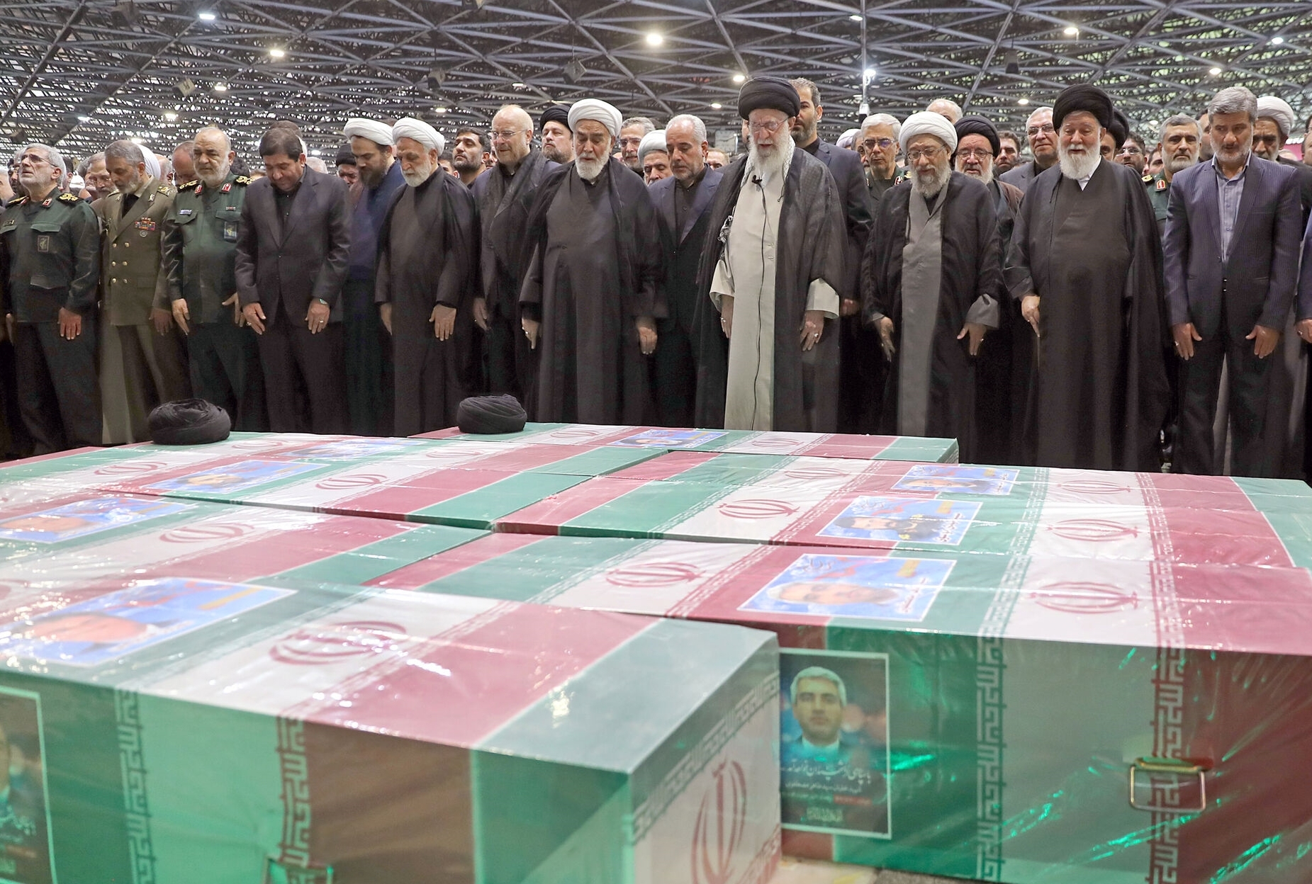 Iran's Supreme Leader Ali Hosseini Khamenei leads a funeral prayer for late Iranian President Ebrahim Raisi and other officials, died in a helicopter crash, in Tehran, Iran