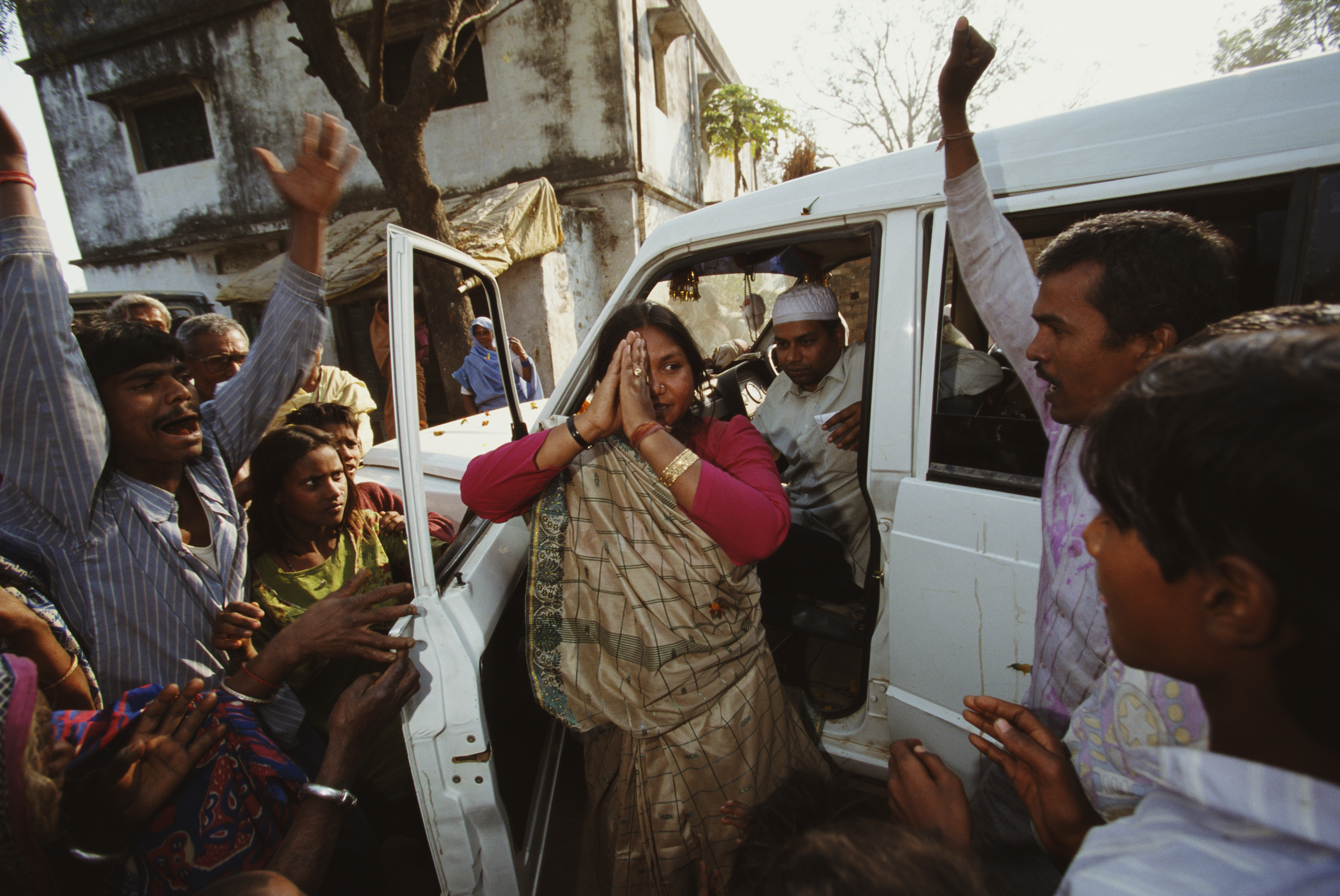 Indian dacoit (bandit) and heroine of the low caste Phoolan Devi (1963 - 2001) campaigns for election in Uttar Pradesh, India, 1998.