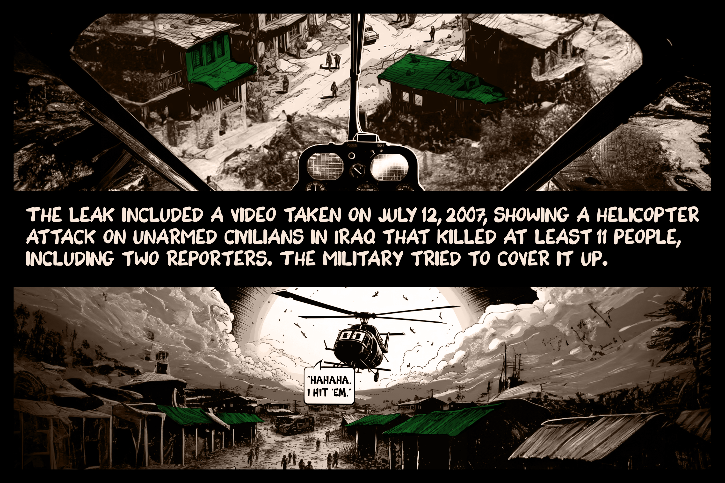 The leak included a video taken on July 12, 2007, showing a helicopter attack on unarmed civilians in Iraq that killed 11 people, including two reporters. The military tried to cover it up.