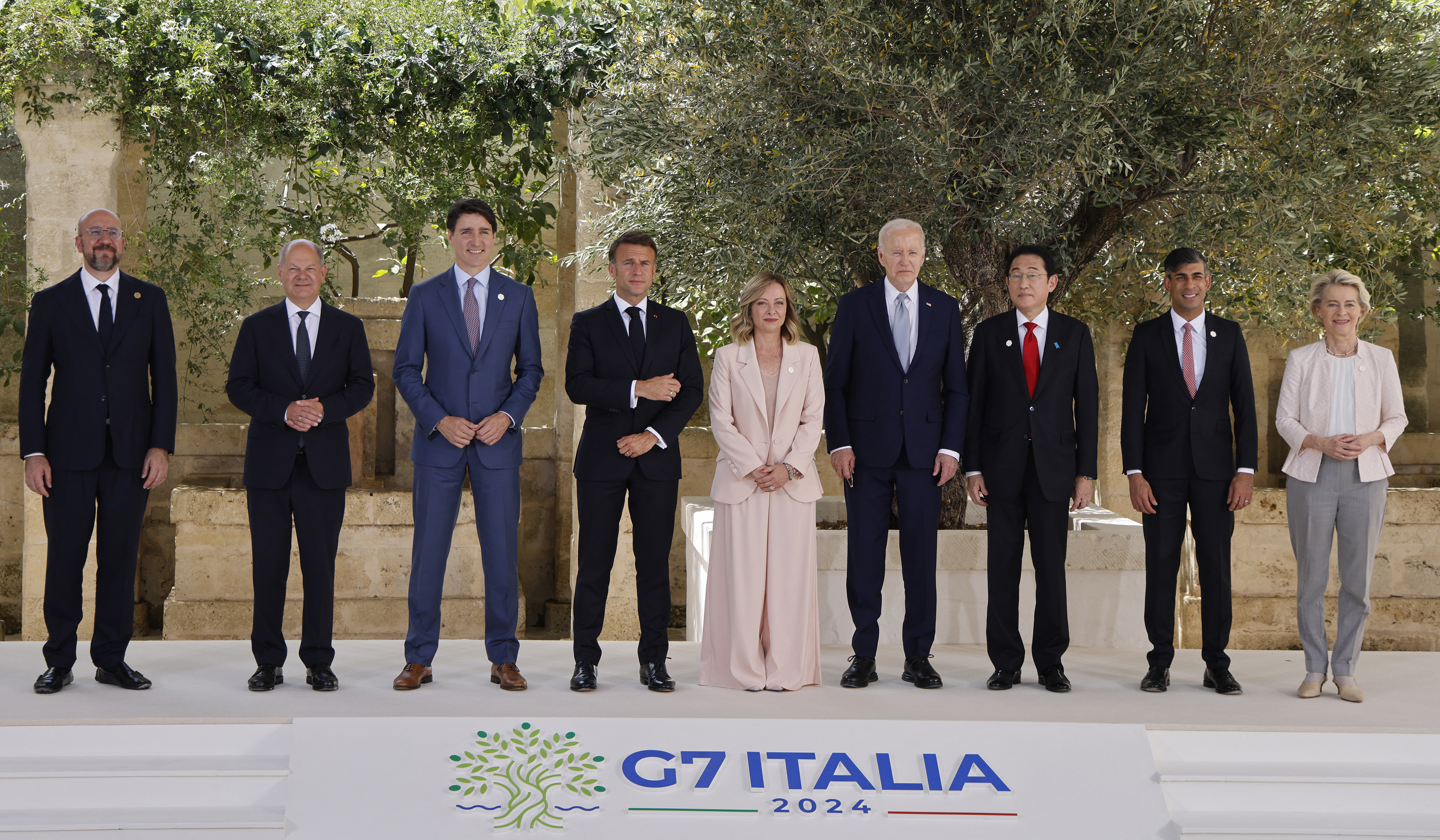 A family photo at Borgo Egnazia resort during the G7 Summit hosted by Italy in Apulia region
