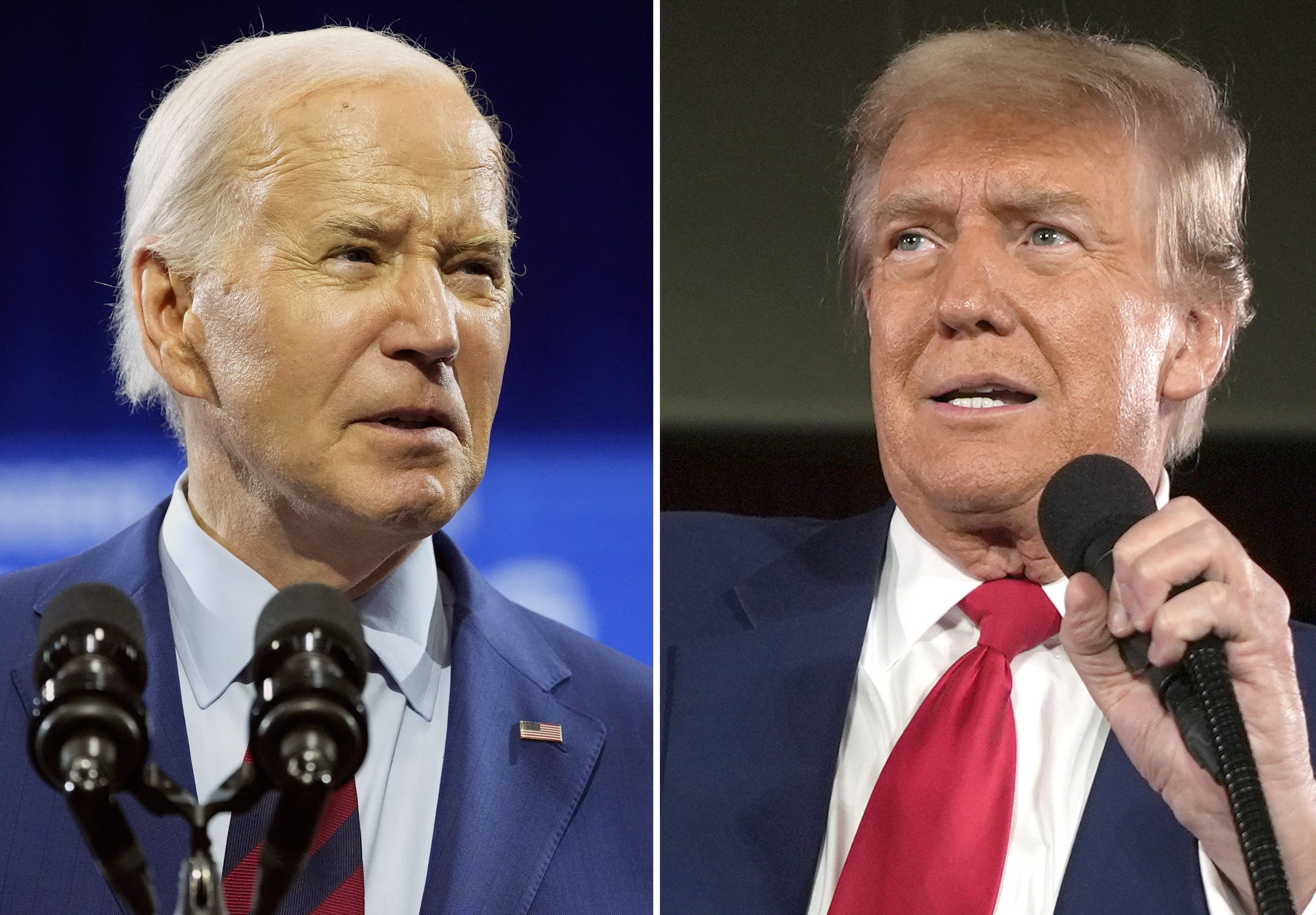 A split screen of Donald Trump and Joe Biden speaking into microphones, both in suits and ties.