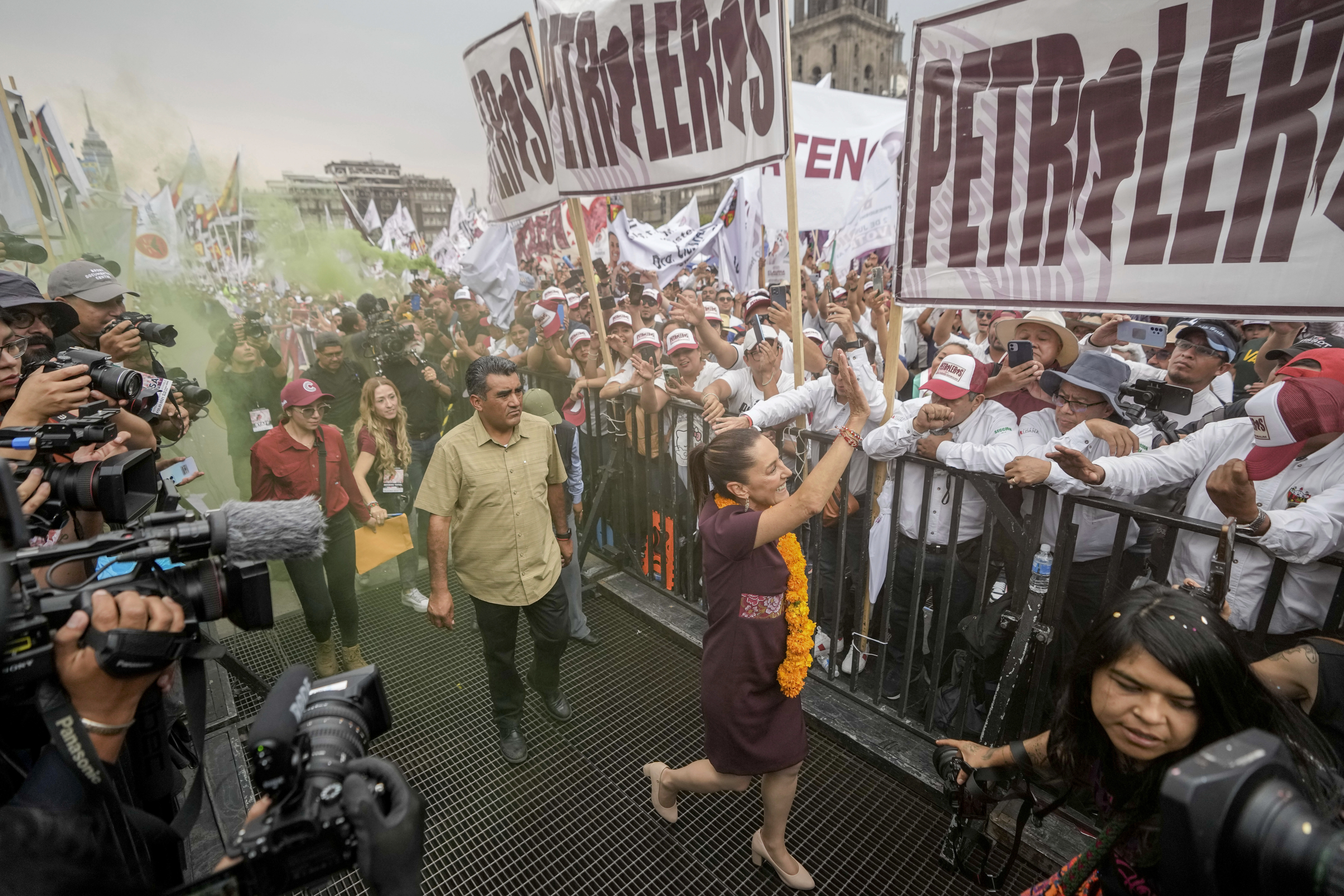 Presidential candidate Claudia Sheinbaum arrives at her closing campaign rally at the Zocalo in Mexico City, May 29