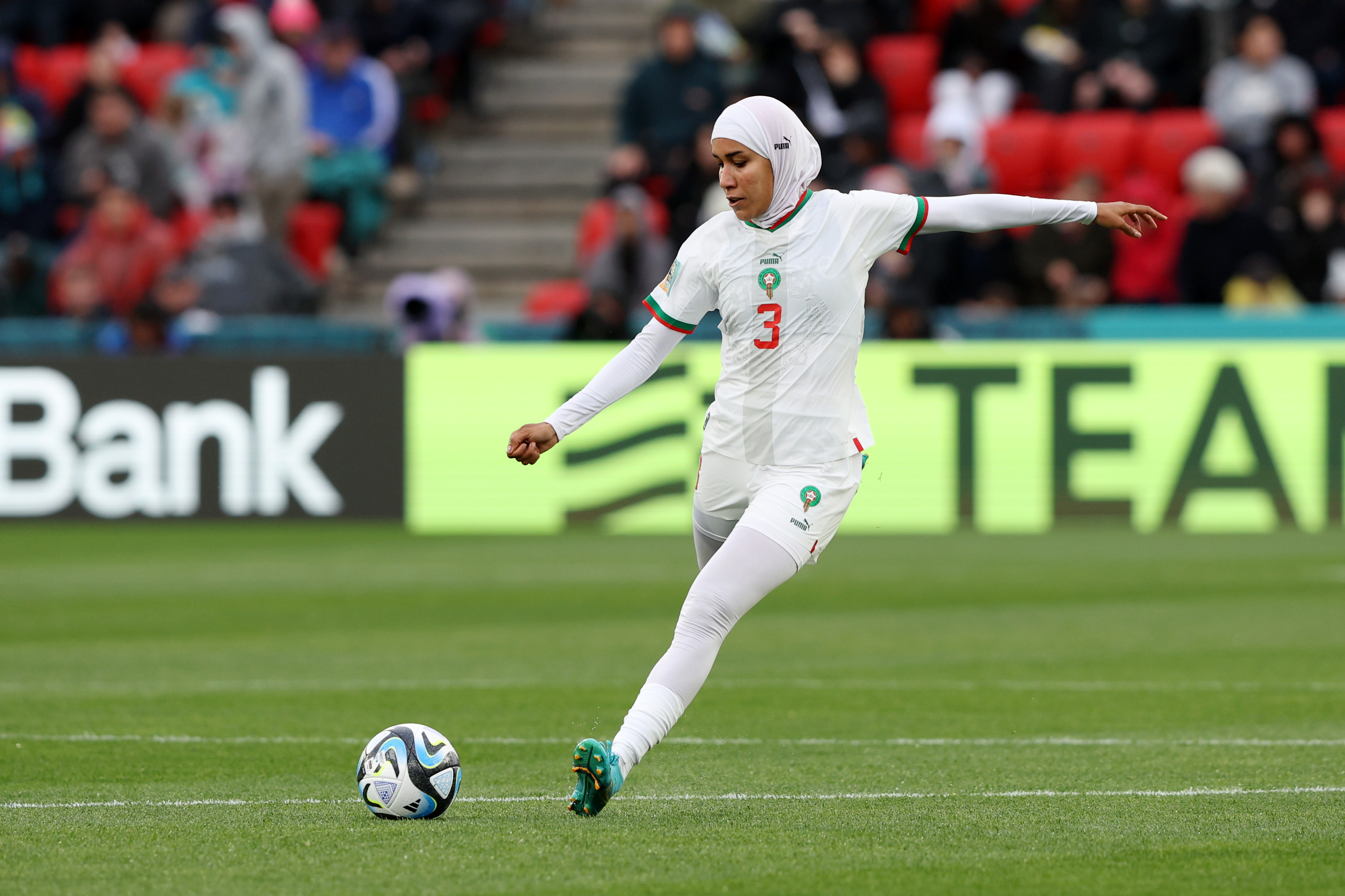 Nouhaila Benzina of Morocco in action during the FIFA Women's World Cup Australia & New Zealand 2023 Group H match between Korea Republic and Morocco at Hindmarsh Stadium on July 30, 2023 in Adelaide, Australia.