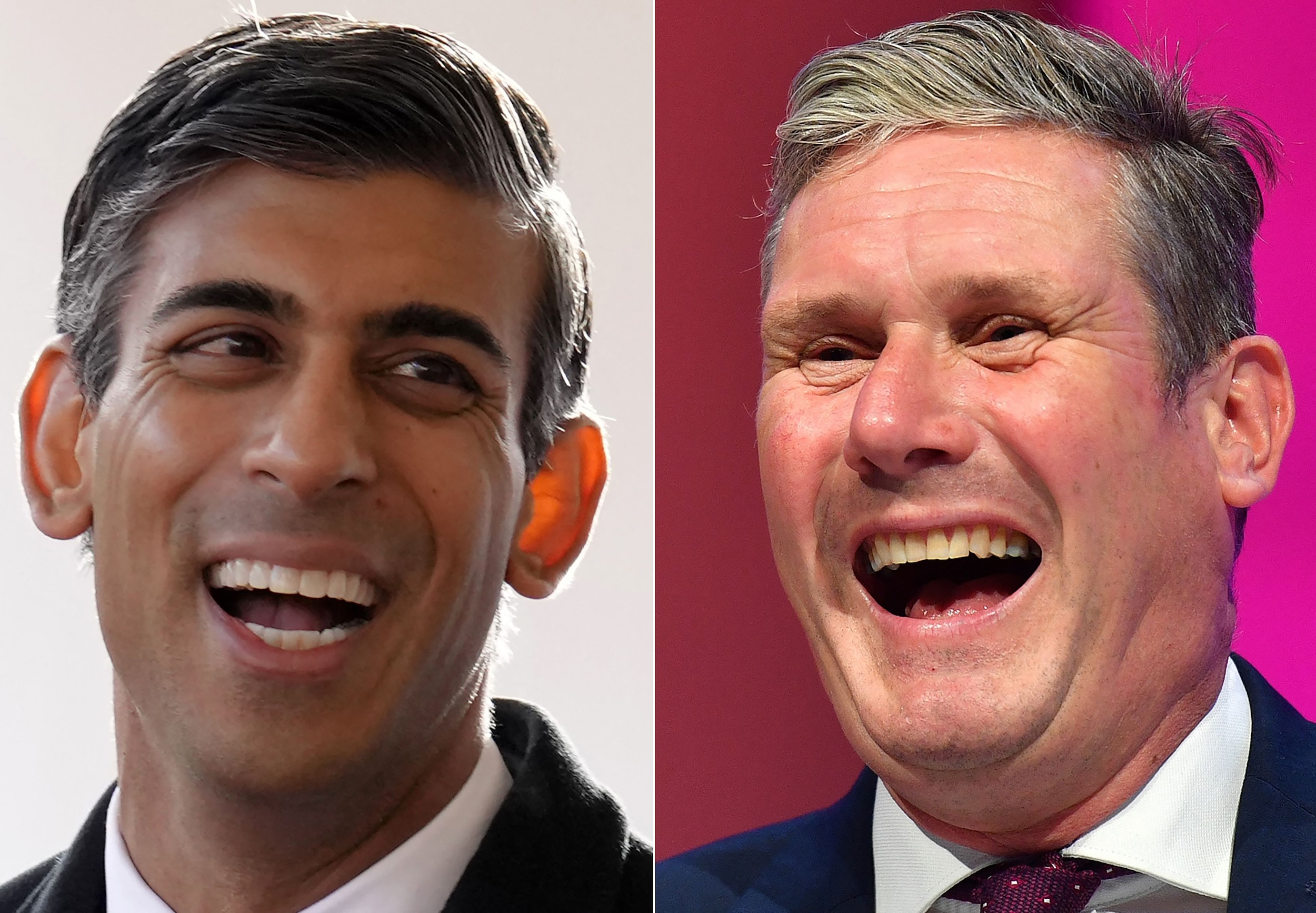 (COMBO) In this combination of file pictures created in London on May 29, 2024, Britain's Prime Minister Rishi Sunak (L) laughs during the Ceremonial Welcome for South Africa's President, on Horse Guards Parade in London on November 22, 2022, and Britain's main opposition Labour Party leader Keir Starmer (R) reacts as he sits in the conference hall for the the debate on the leadership election rules changes, on the second day of the annual Labour Party conference in Brighton on the south coast of England, on September 26, 2021. Britain's Prime Minister and leader of the Conservative party, Rishi Sunak and Labour opposition leader Keir Starmer will go head-to-head on June 4, 2024 in the first televised debate of the election campaign. (Photo by Justin TALLIS and Kirsty WIGGLESWORTH / various sources / AFP)