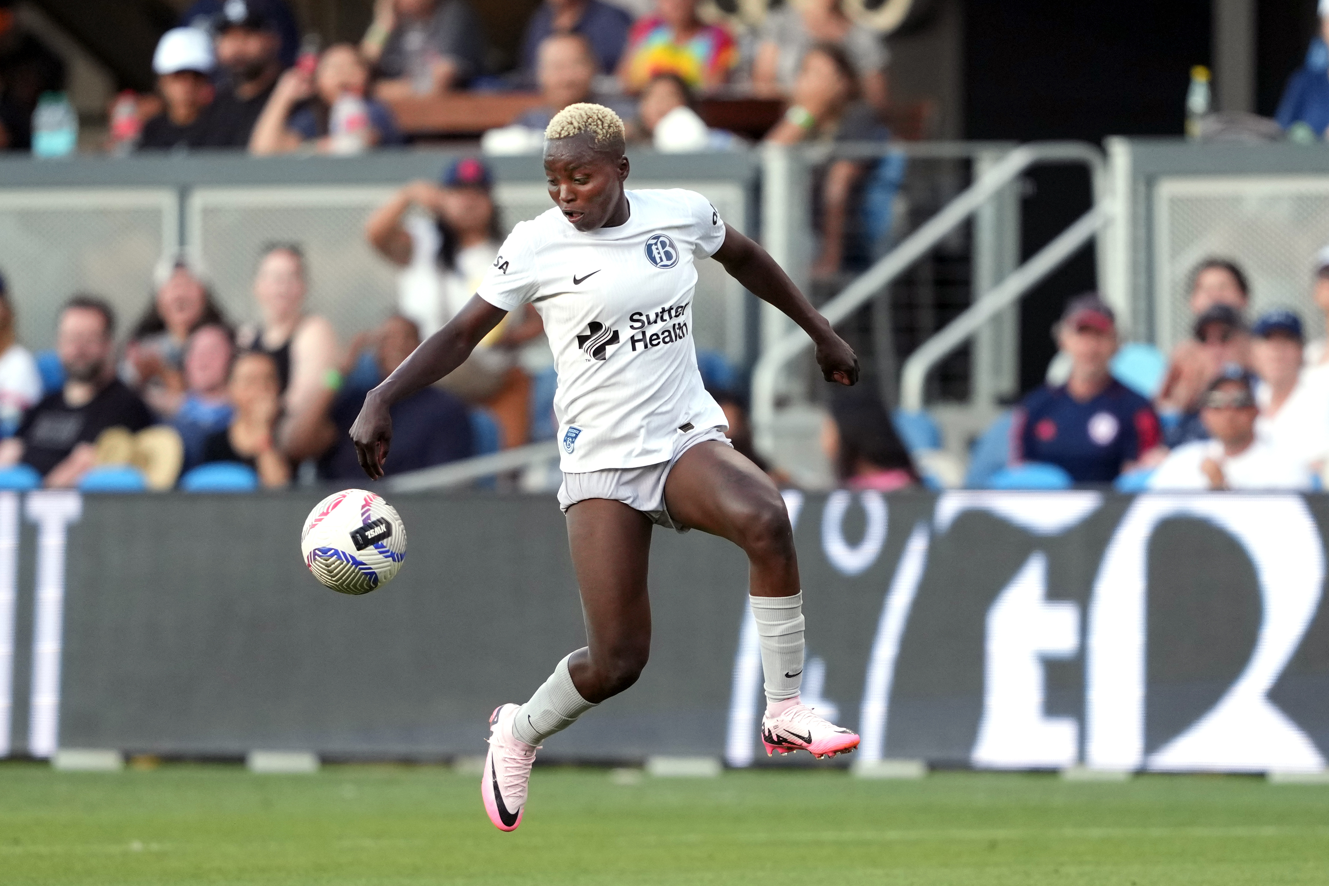 Jul 6, 2024; San Jose, California, USA; Bay FC forward Racheal Kundananji (9) receives a pass against the Washington Spirit during the first half at PayPal Park. Mandatory Credit: Darren Yamashita-USA TODAY Sports