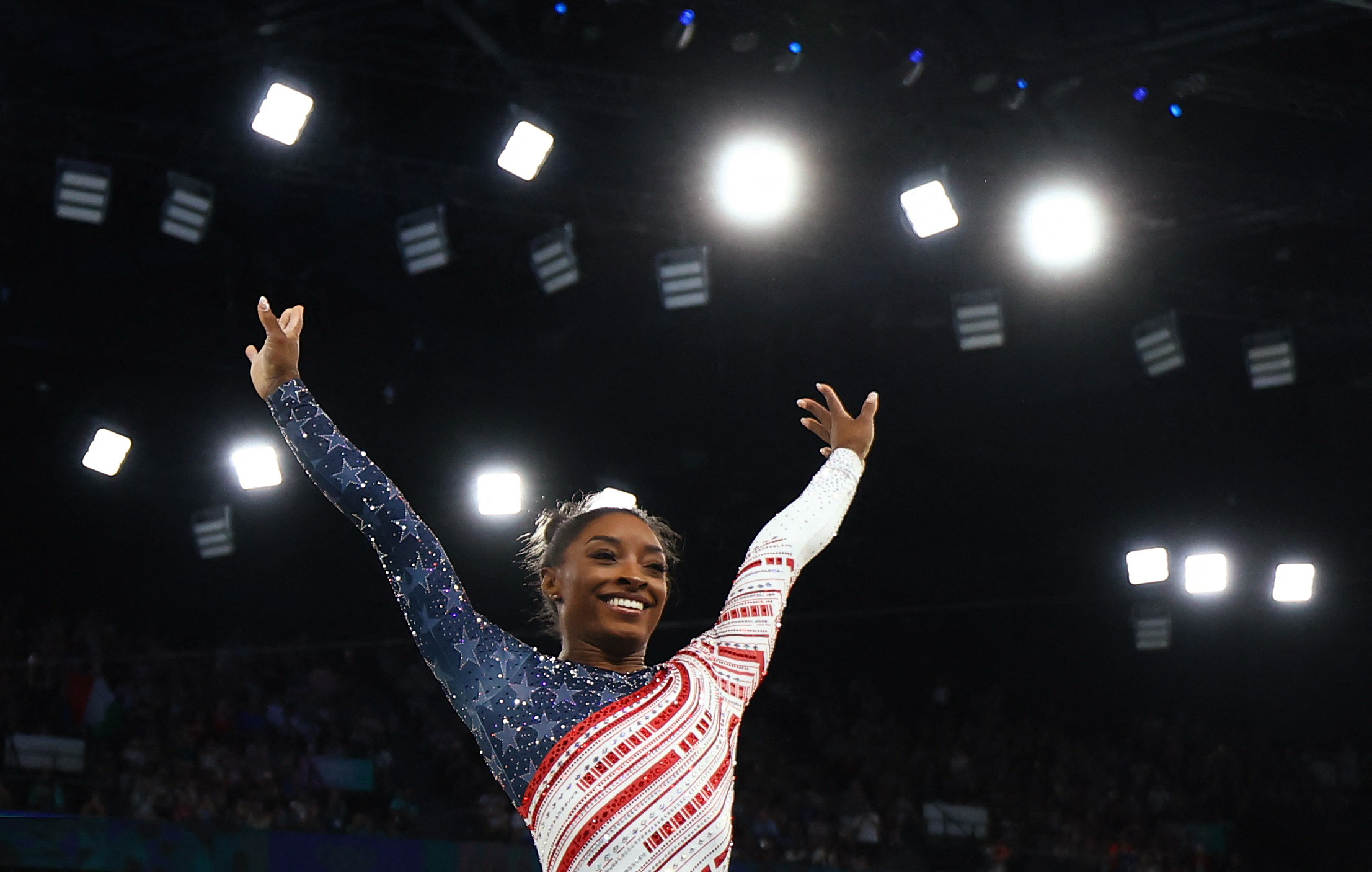 Paris 2024 Olympics - Artistic Gymnastics - Women's Team Final - Bercy Arena, Paris, France - July 30, 2024. Simone Biles of United States in action on the Floor Exercise. REUTERS/Hannah Mckay