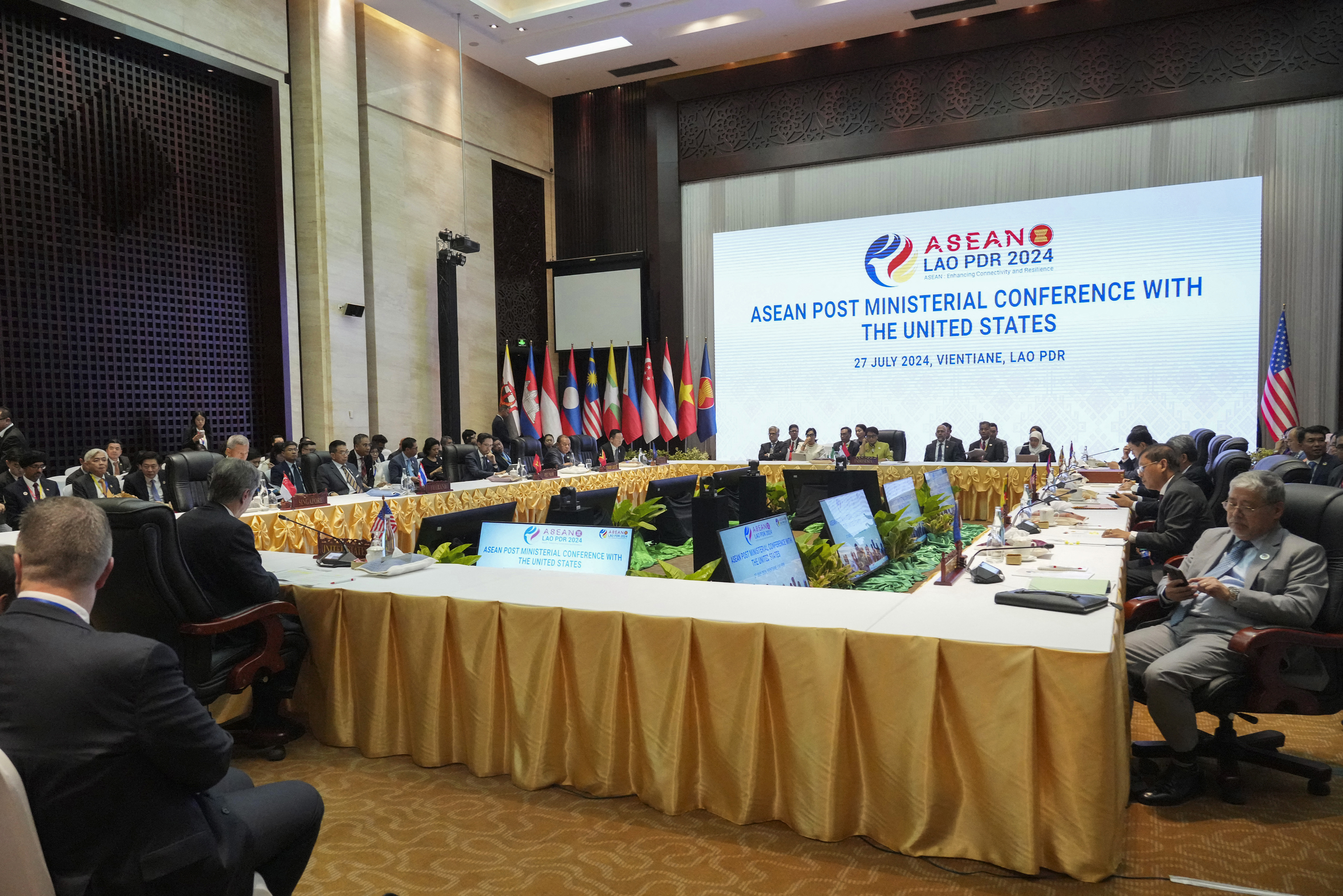 US Secretary of State Antony Blinken delivers his speech during the ASEAN Post Ministerial Conference in Vientiane