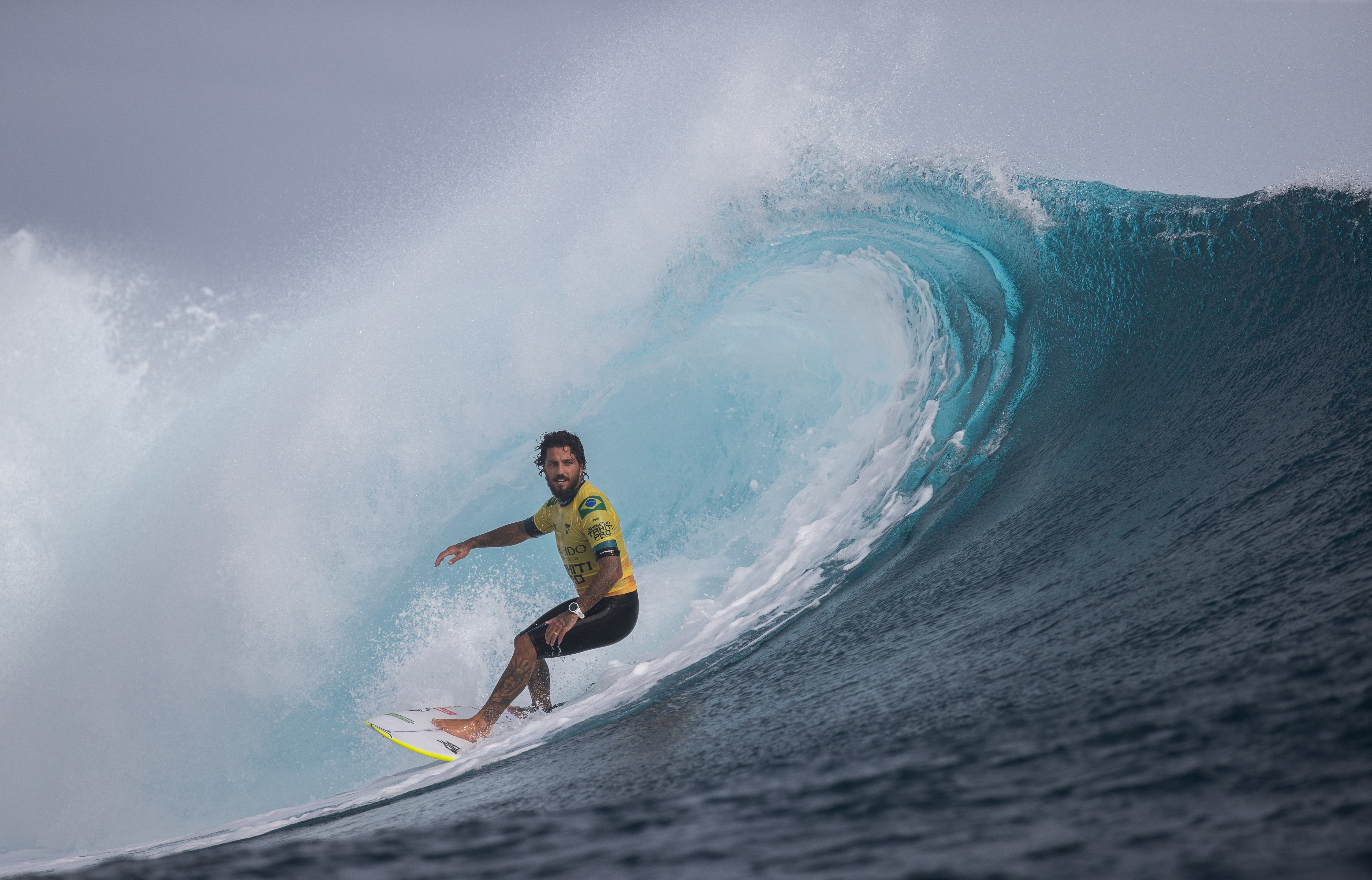 TEAHUPO'O, FRENCH POLYNESIA - AUGUST 15: Filipe Toledo of Brazil surfs during their Round of 16 heat during the 2023 Shiseido Tahiti Pro on August 15, 2023 in Teahupo'o, French Polynesia. (Photo by Ryan Pierse/Getty Images)