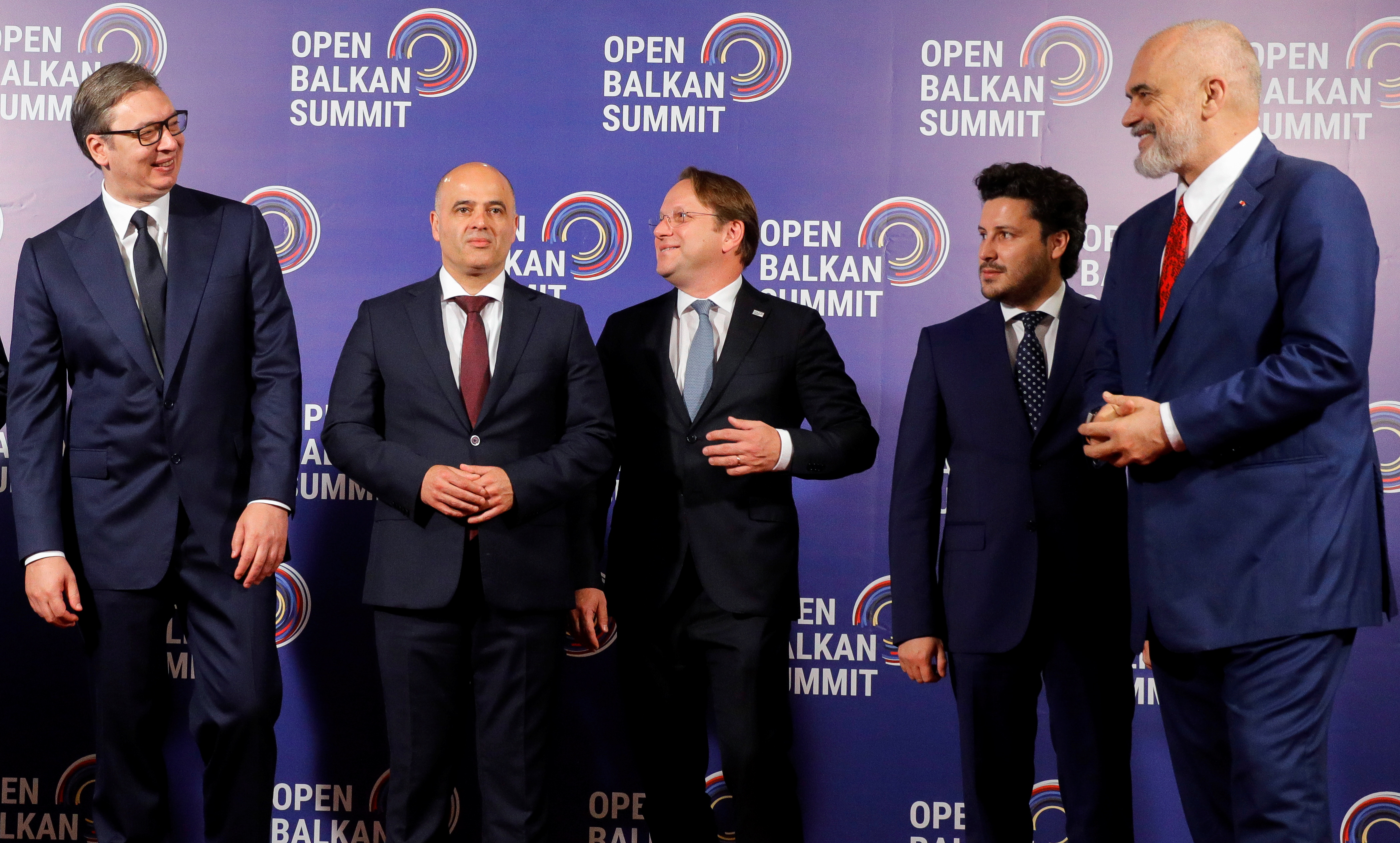 Serbian President Aleksandar Vucic, North Macedonian Prime Minister Dimitar Kovacevski, EU Commissioner for Neighbourhood and Enlargement Oliver Varhelyi, Albanian Prime Minister Edi Rama and Montenegrin Prime Minister Dritan Abazovic pose for a family photo during the Open Balkan Summit in Ohrid, North Macedonia June 8, 2022. REUTERS/Ognen Teofilovski