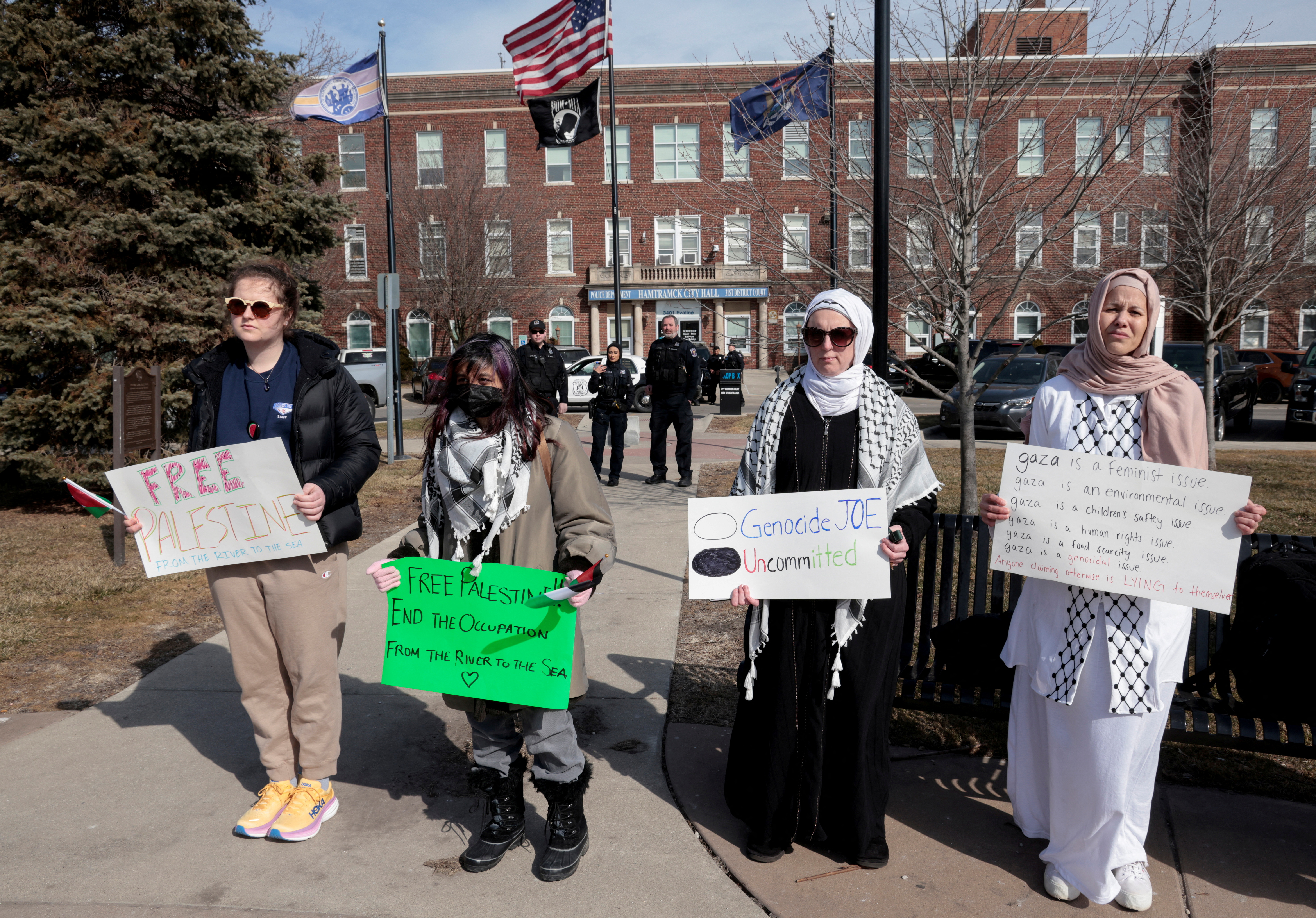 Supporters of the campaign to vote "Uncommitted" hold a rally in support of Palestinians in Gaza, ahead of Michigan's Democratic presidential primary election in Hamtramck, Michigan, U.S. February 25, 2024. REUTERS/Rebecca Cook