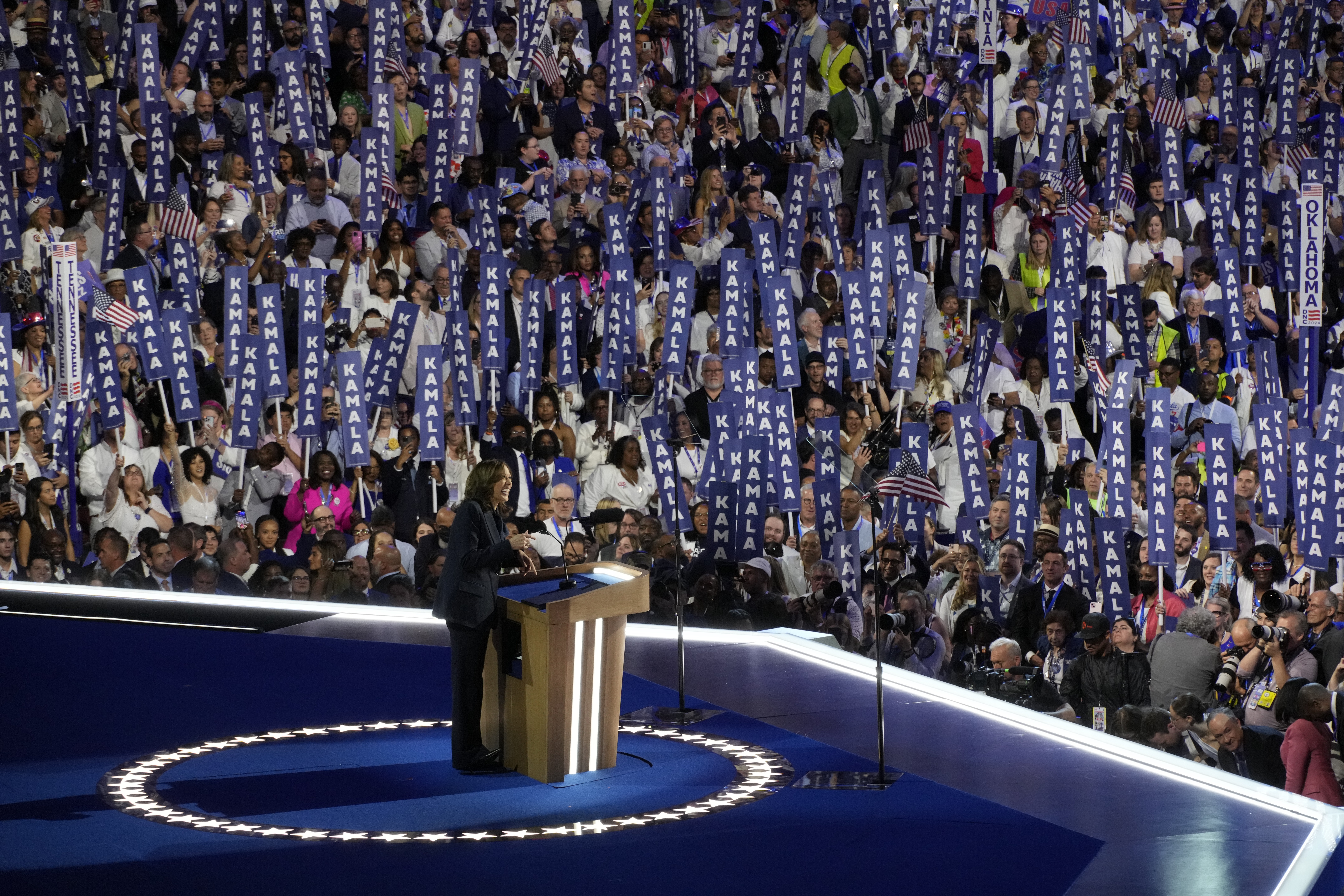 Demoratic presidential nominee Vice President Kamala Harris speaks during the Democratic National Convention Thursday, Aug. 22, 2024, in Chicago. (AP Photo/Morry Gash)