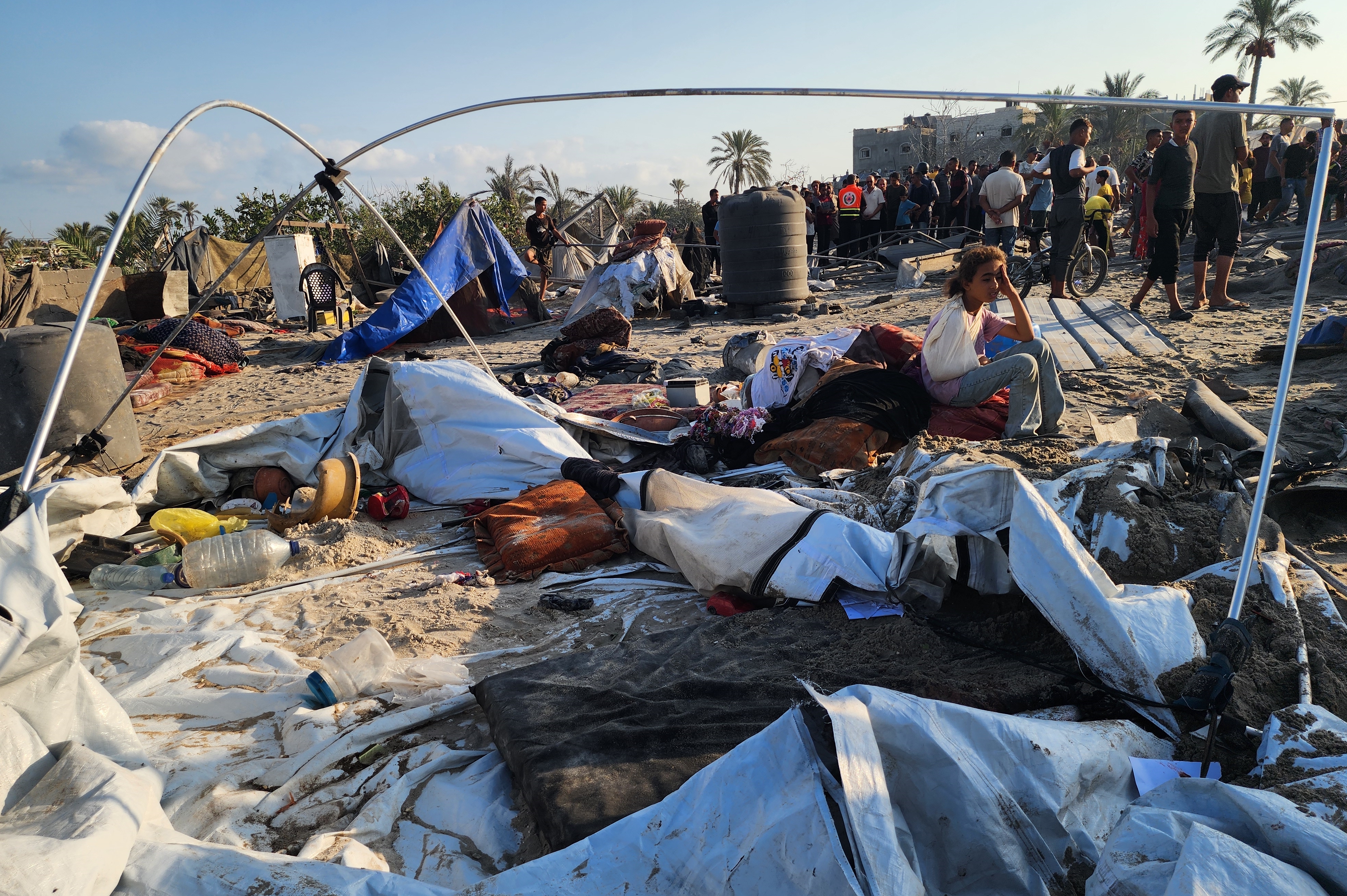 on a tent encampment of displaced Palestinians in Al-Mawasi
