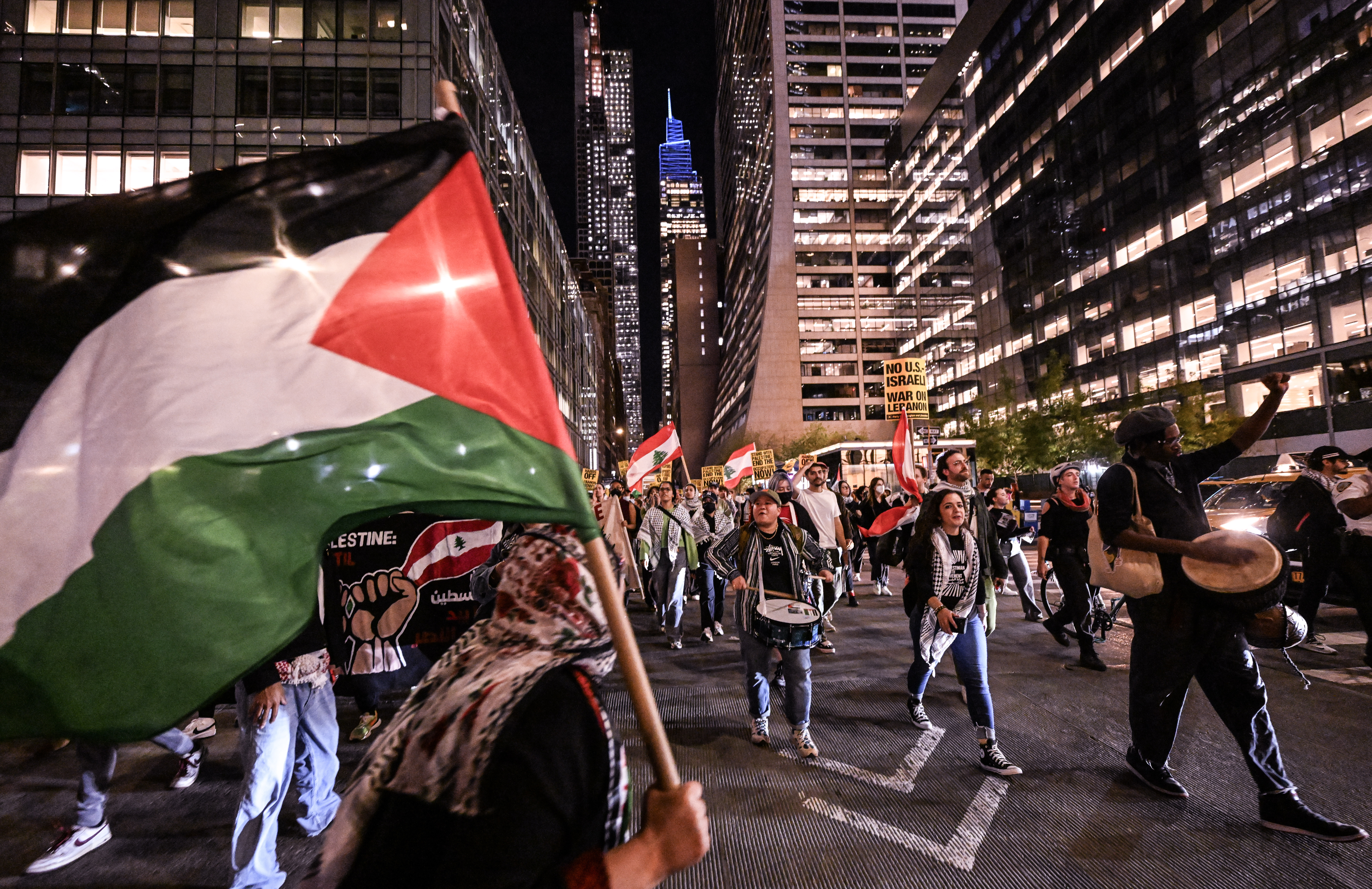 People protest in solidarity with the Palestinian and Lebanese people and to condemn the Israeli airstrikes in Lebanon and Gaza, in New York