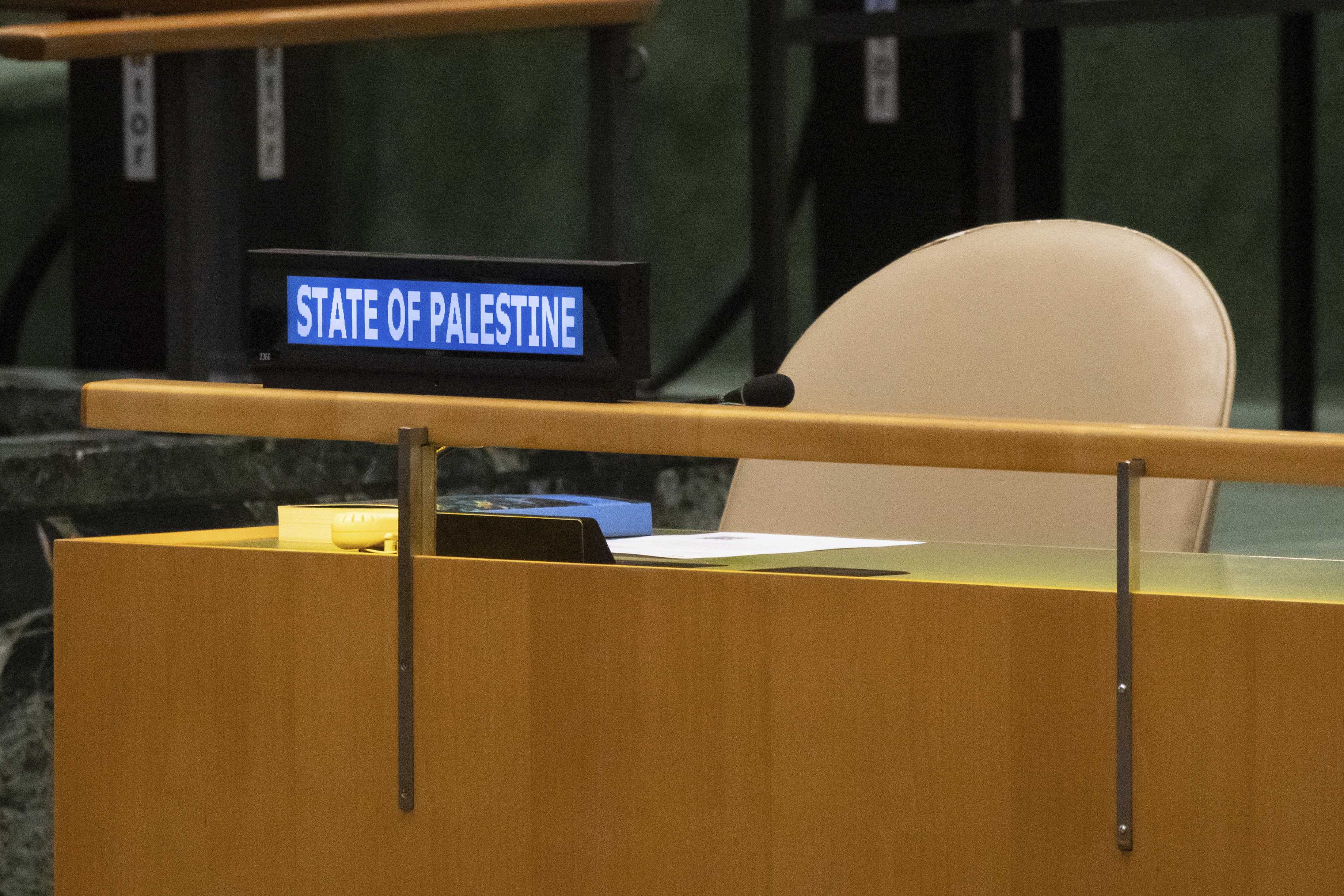 A seat for the Palestinian Representative to the U.N. is seen during the 79th session of the United Nations General Assembly.