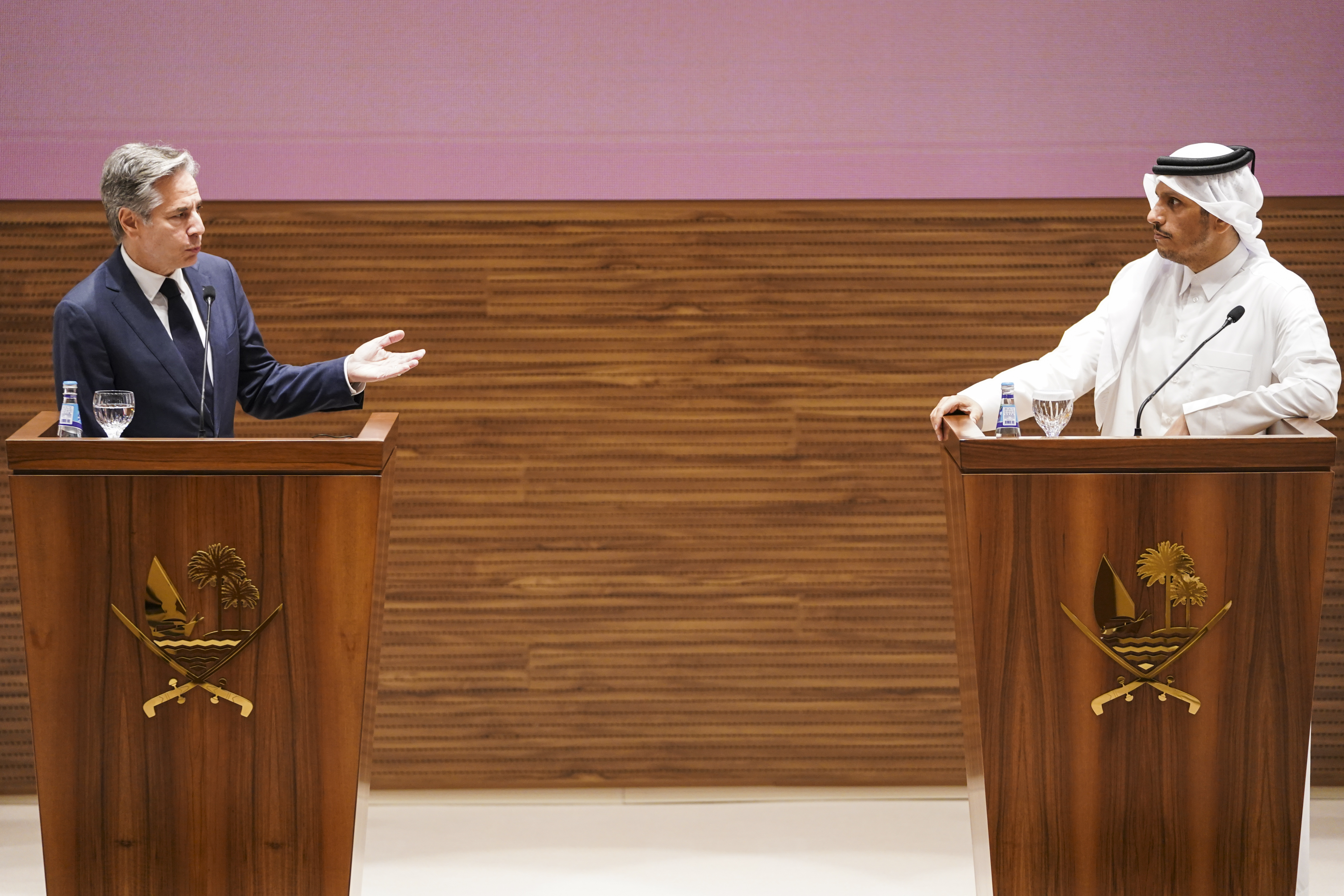 U.S. Secretary of State Antony Blinken, left, and Qatari Prime Minister and Foreign Minister Mohammed bin Abdulrahman Al Thani attend a press conference in Doha, Qatar, Thursday, Oct. 24, 2024. (Nathan Howard/Pool Photo via AP)