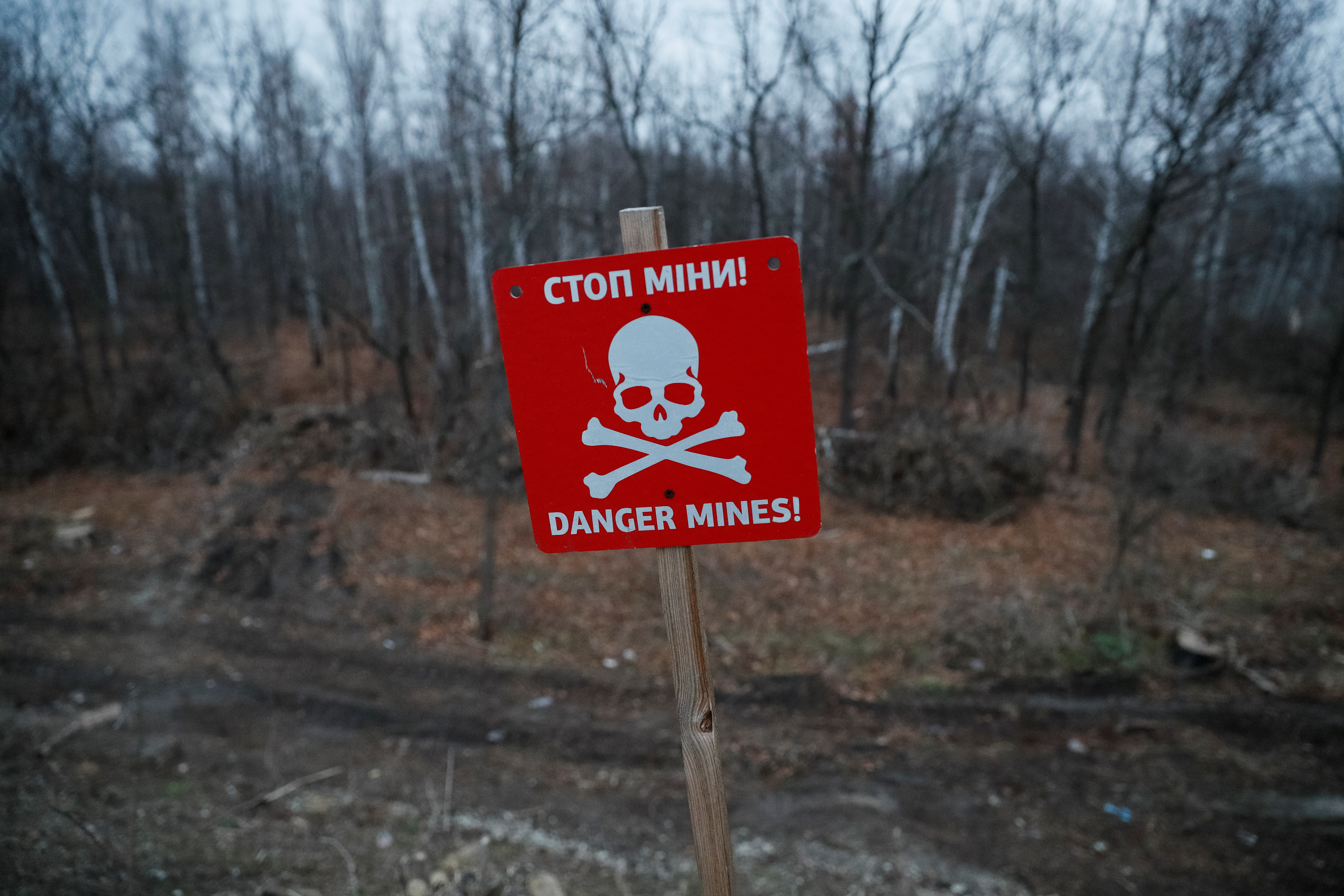 A landmine warning sign near the contact line between Ukrainian troops and pro-Moscow rebels in the settlement of Stanytsia Luhanska, Ukraine