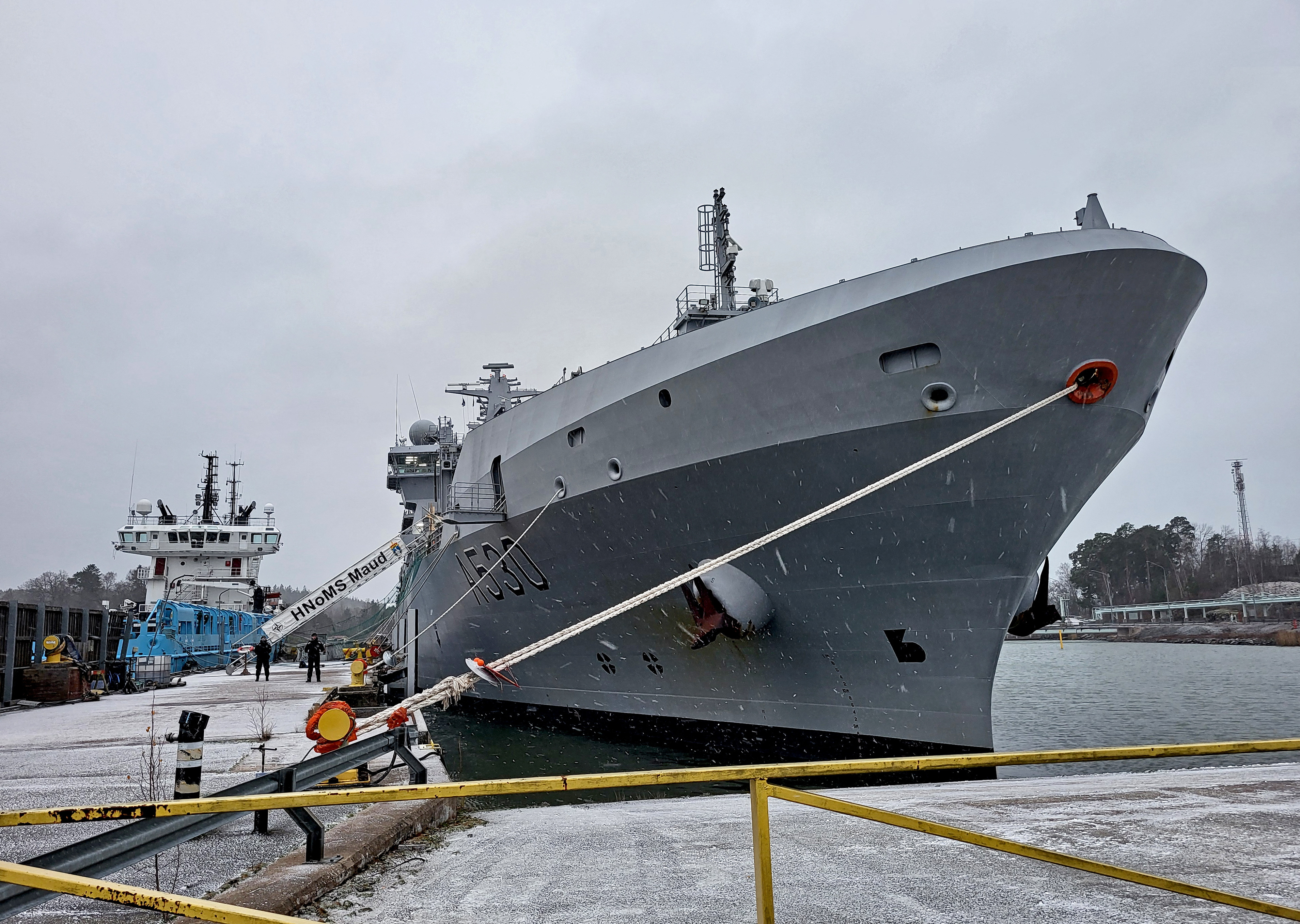 Replenishment vessel HNOMS Maud of the Norwegian Navy docks at quay during NATO exercise Freezing Winds 24, led by the Finnish Navy, in the Baltic Sea in Turku Finland, November 20, 2024.