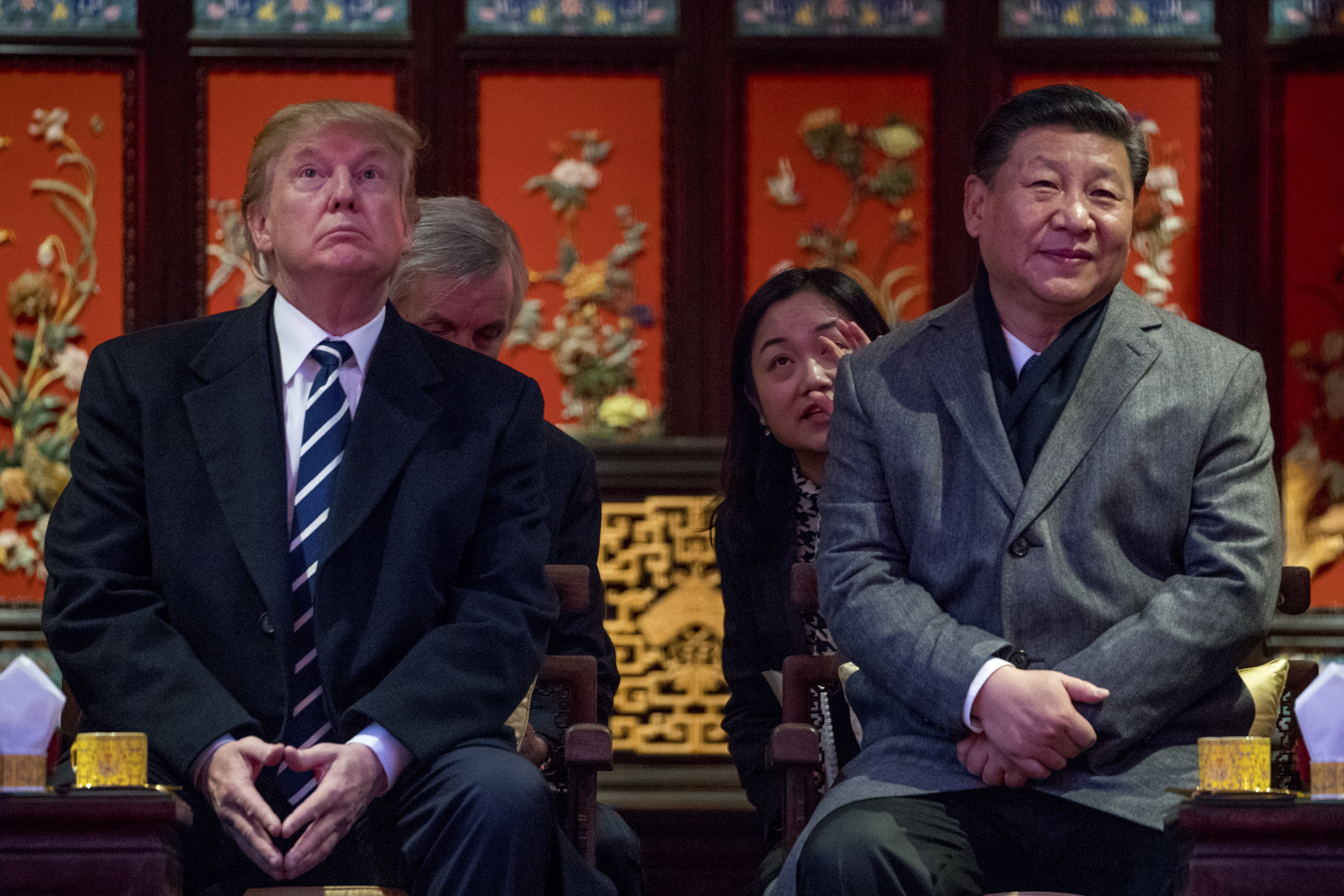 President Donald Trump and Chinese President Xi Jinping attend a Chinese opera performance at the Forbidden City, Wednesday, Nov. 8, 2017, in Beijing, China. Trump is on a five country trip through Asia traveling to Japan, South Korea, China, Vietnam and the Philippines. (AP Photo/Andrew Harnik)