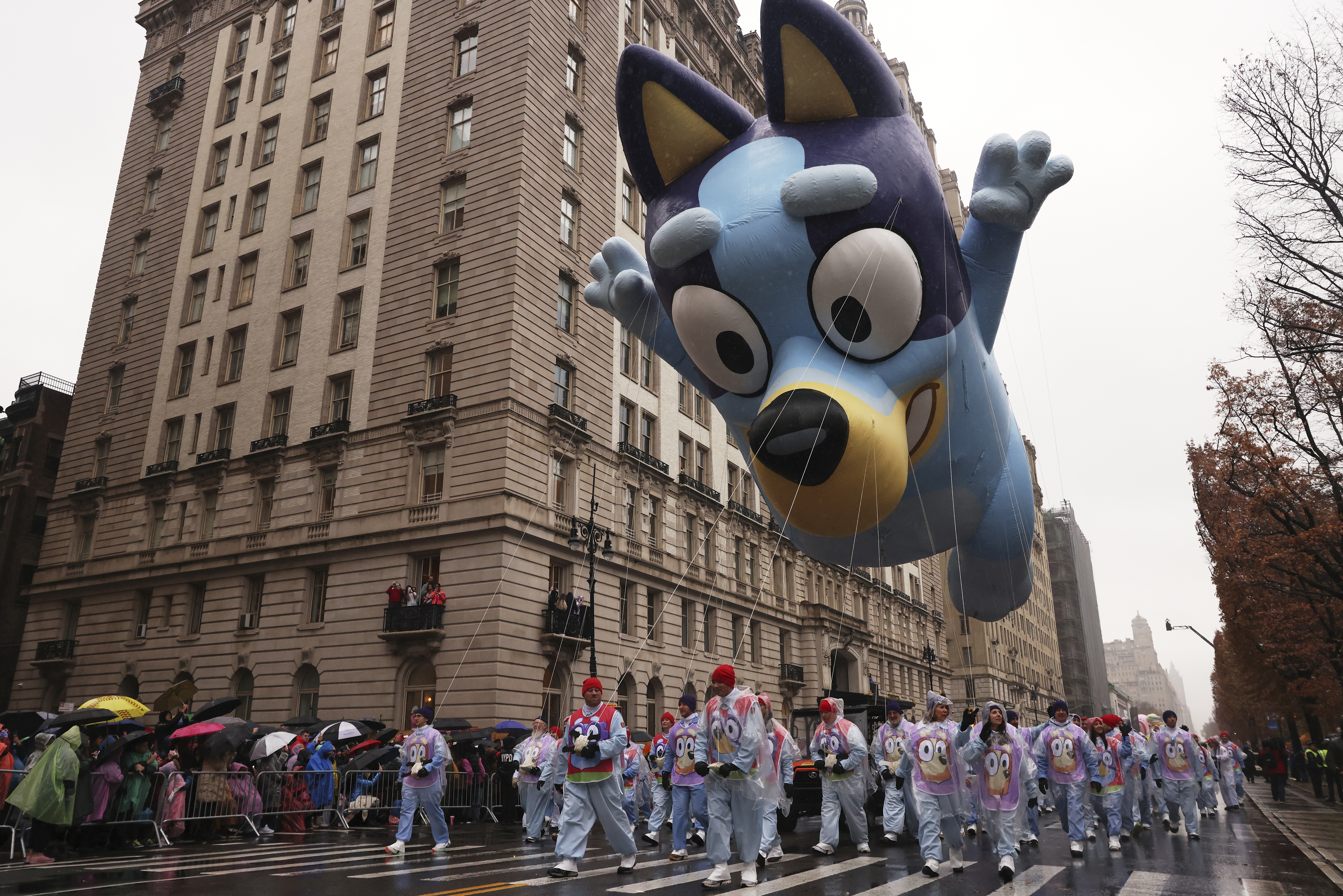A balloon of the cartoon Bluey is floated down Central Park West.