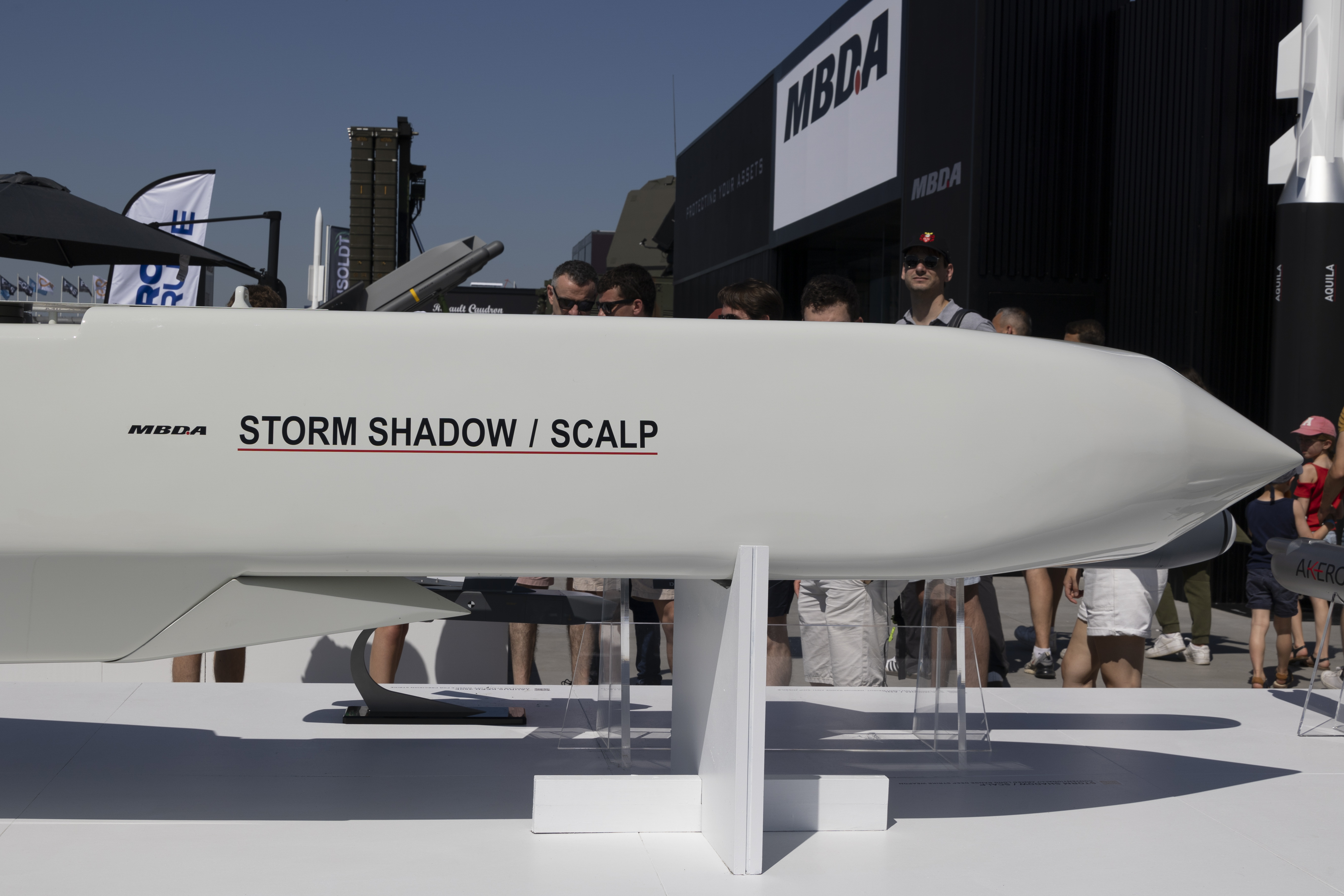 A SCALP EG / STORM SHADOW low-observable, long-range air-launched cruise missile, an air to surface weapon from the European manufacturer MBDA at the company's booth at International Paris Air Show 2023 in Le Bourget Airport.