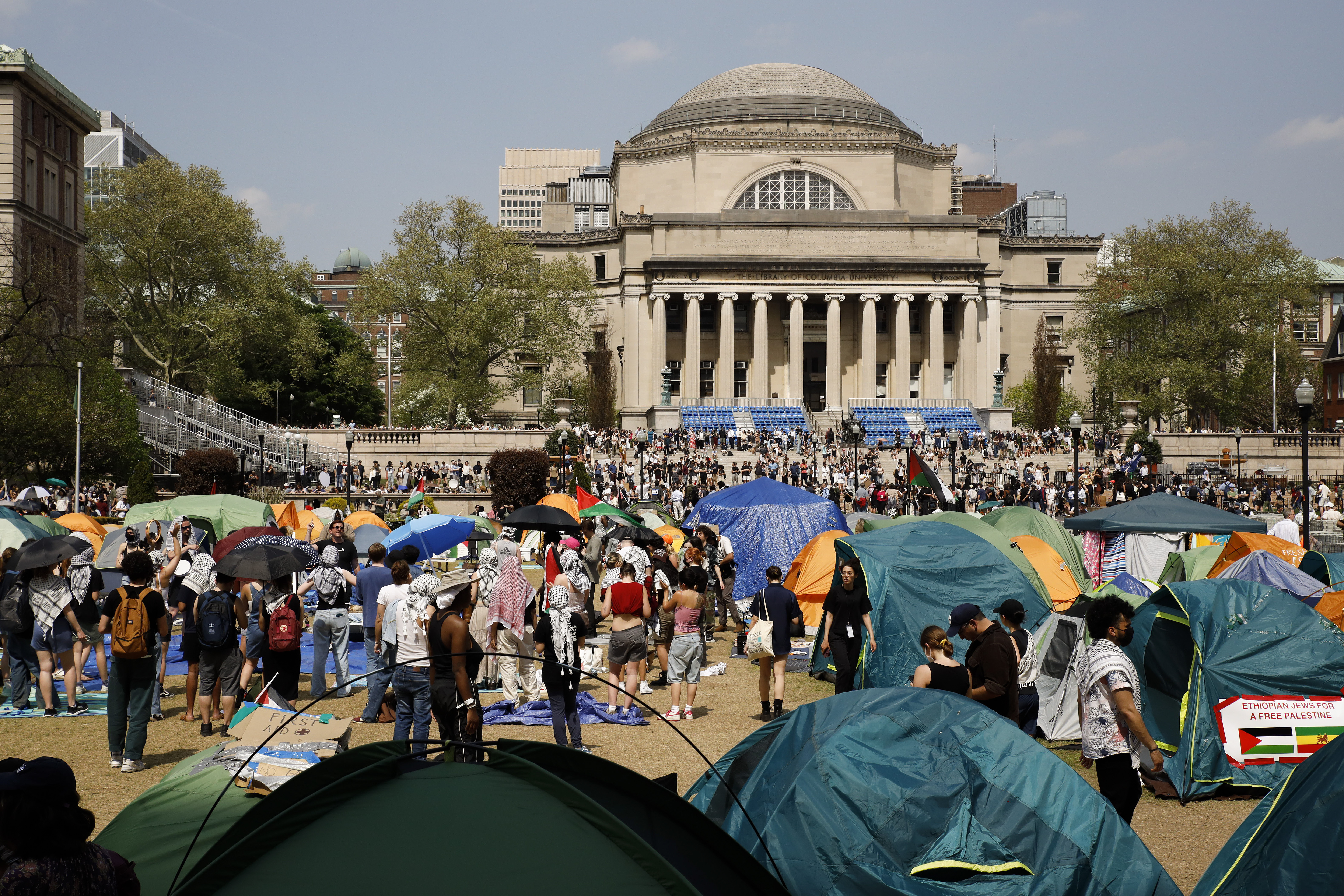 Student protesters gather inside their encampment on the Columbia University campus, on April 29, 2024