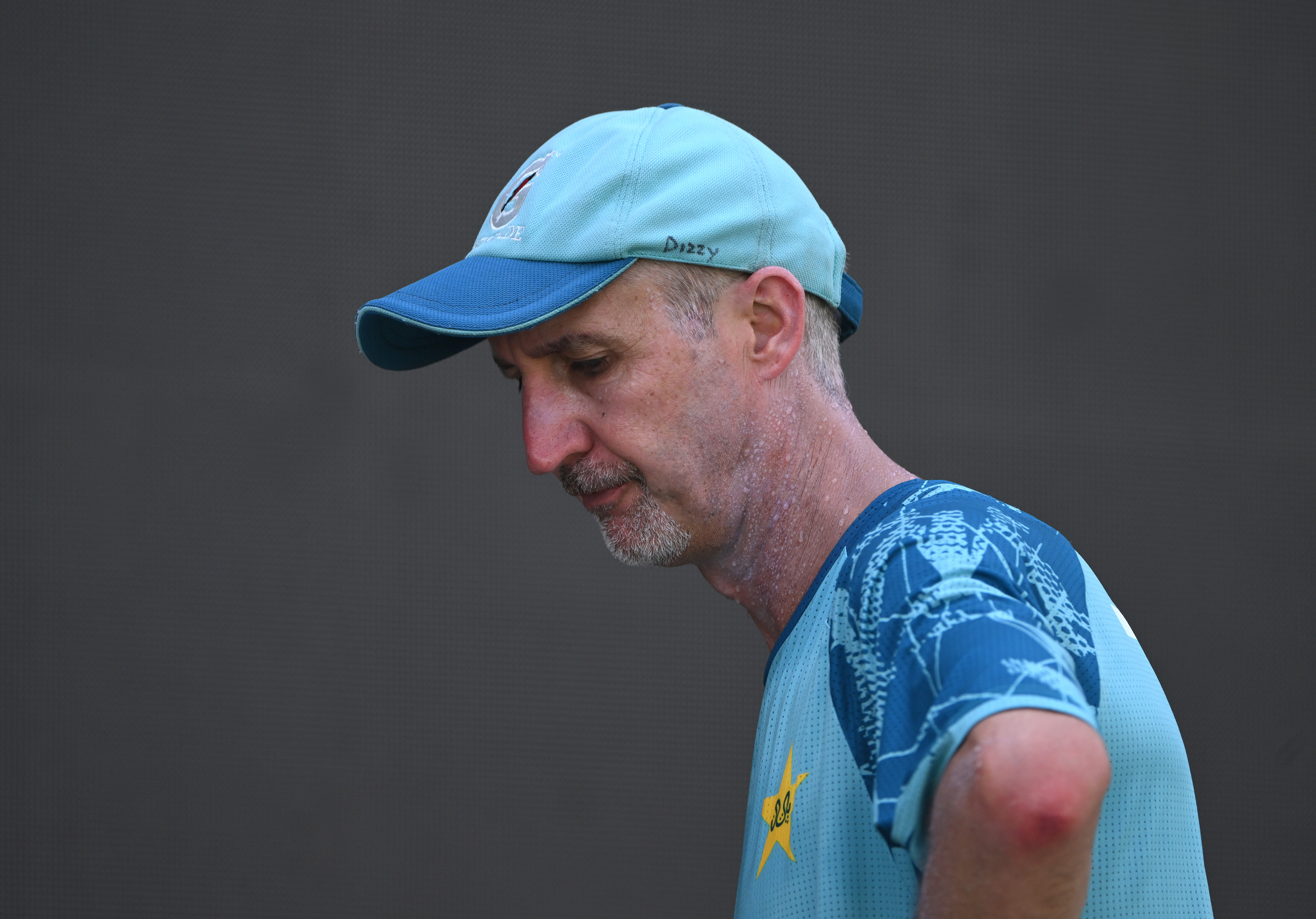 MULTAN, PAKISTAN - OCTOBER 05: Pakistan coach Jason Gillespie looks on during Pakistan net practice ahead of the First Test Match at Multan Cricket Stadium on October 05, 2024 in Multan, Pakistan. (Photo by Stu Forster/Getty Images)