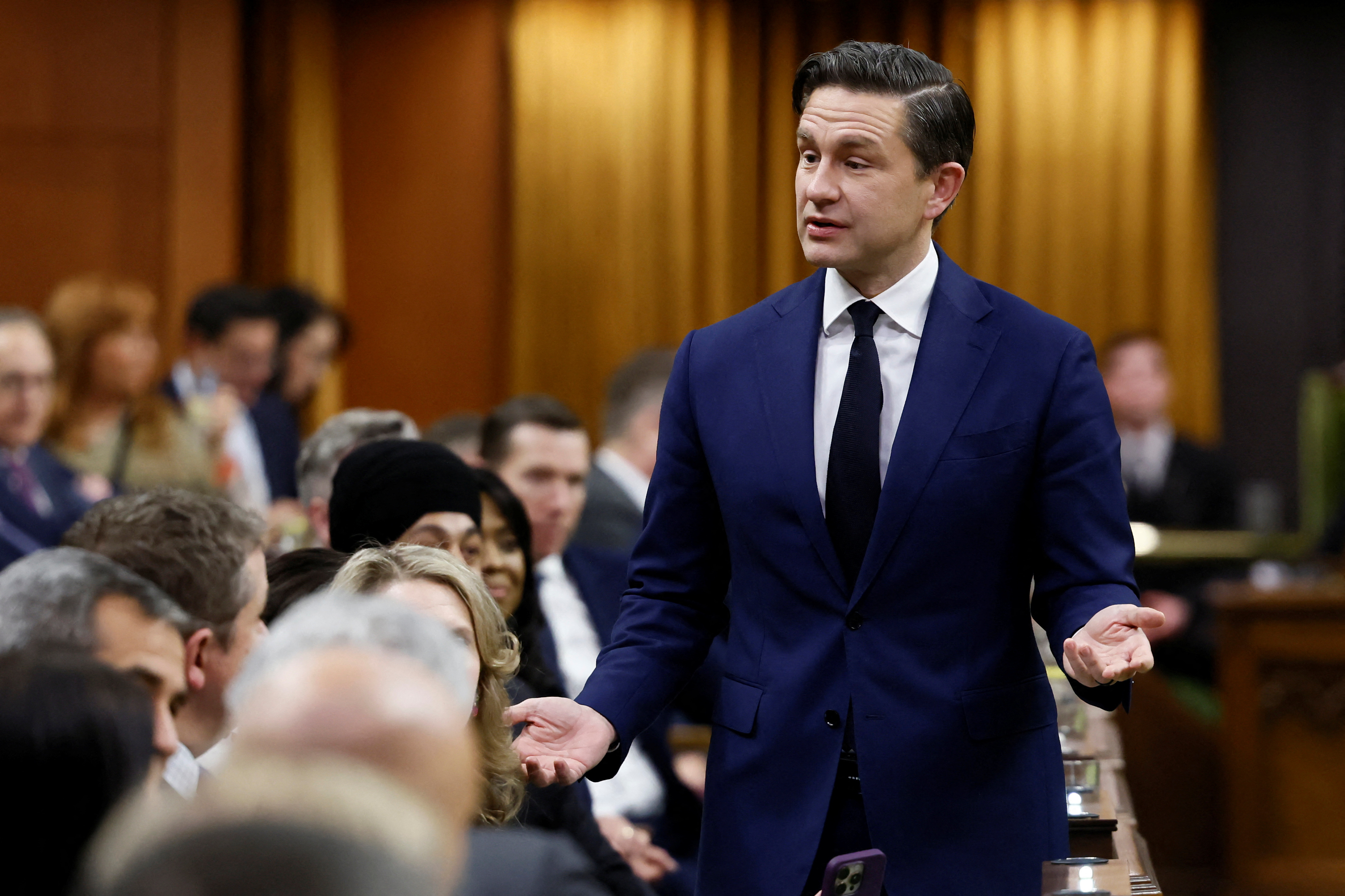 Conservative Party of Canada leader Pierre Poilievre speaks during Question Period in the House of Commons on Parliament Hill in Ottawa, Ontario, Canada December 16, 2024. REUTERS/Blair Gable