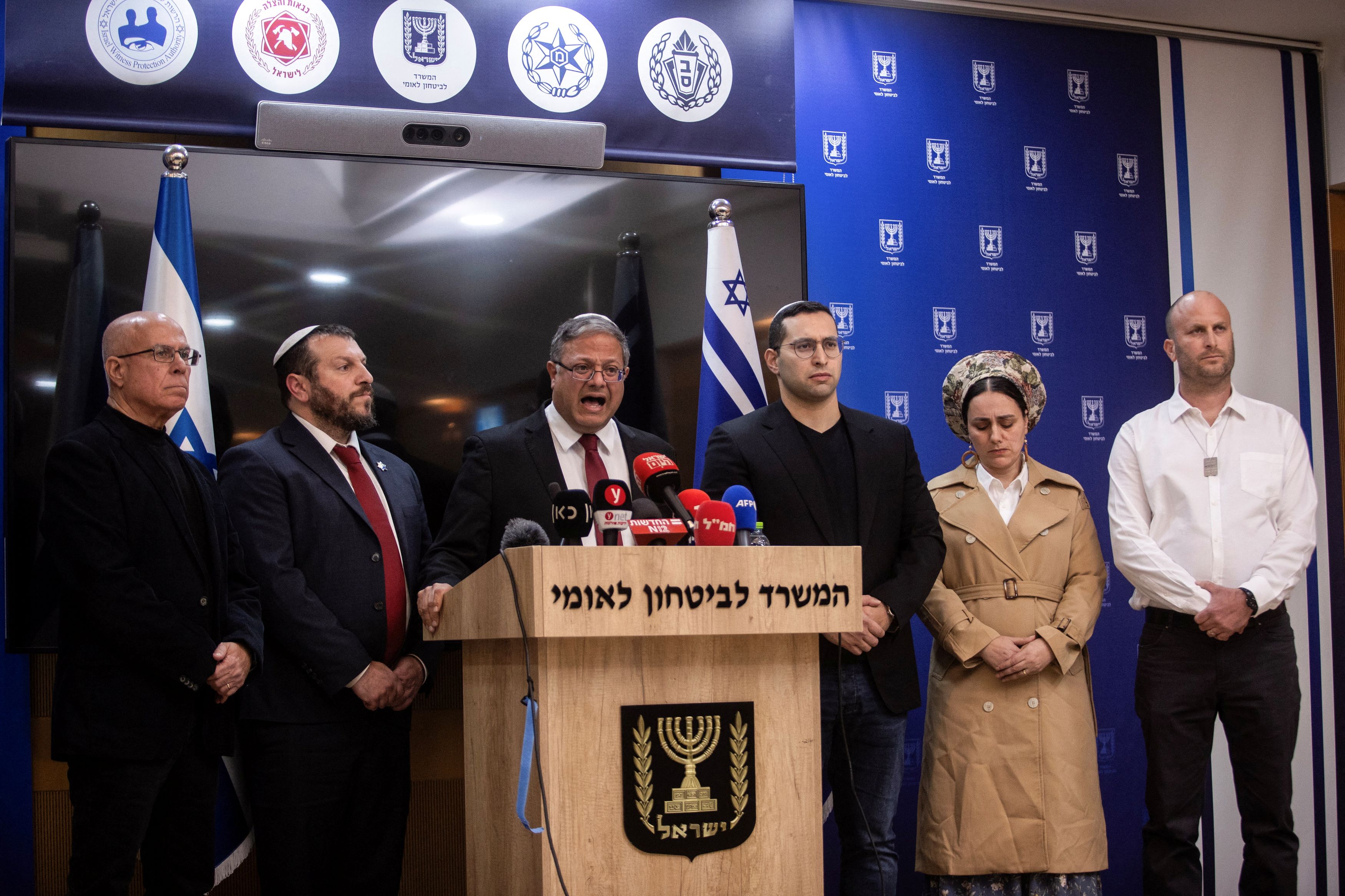 Israeli National Security Minister and head of Jewish Power party, Itamar Ben-Gvir, gives a statement to members of the press, ahead of a possible ceasefire between Israel and Hamas, in Jerusalem