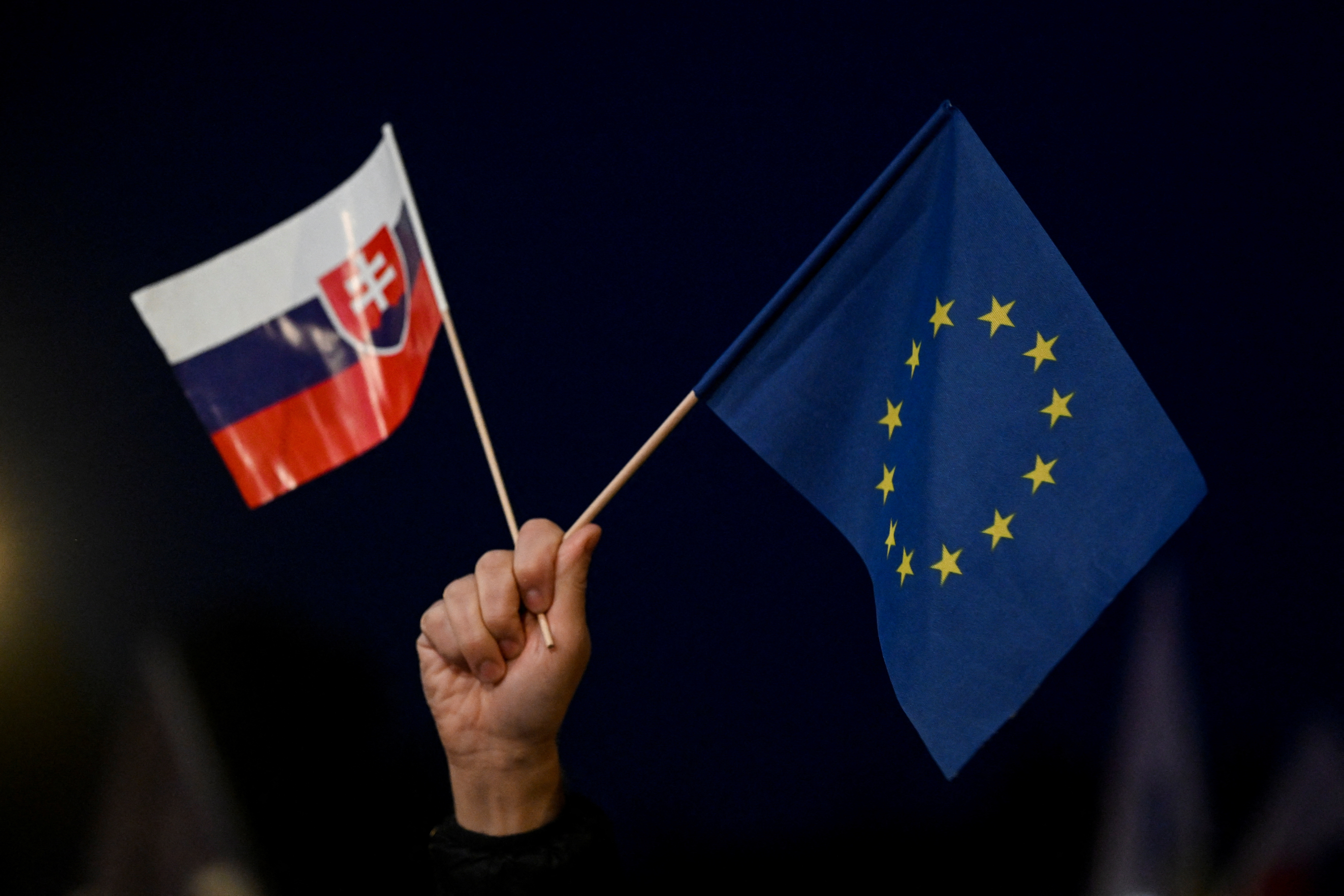 A protester holds a Slovakian and EU flag