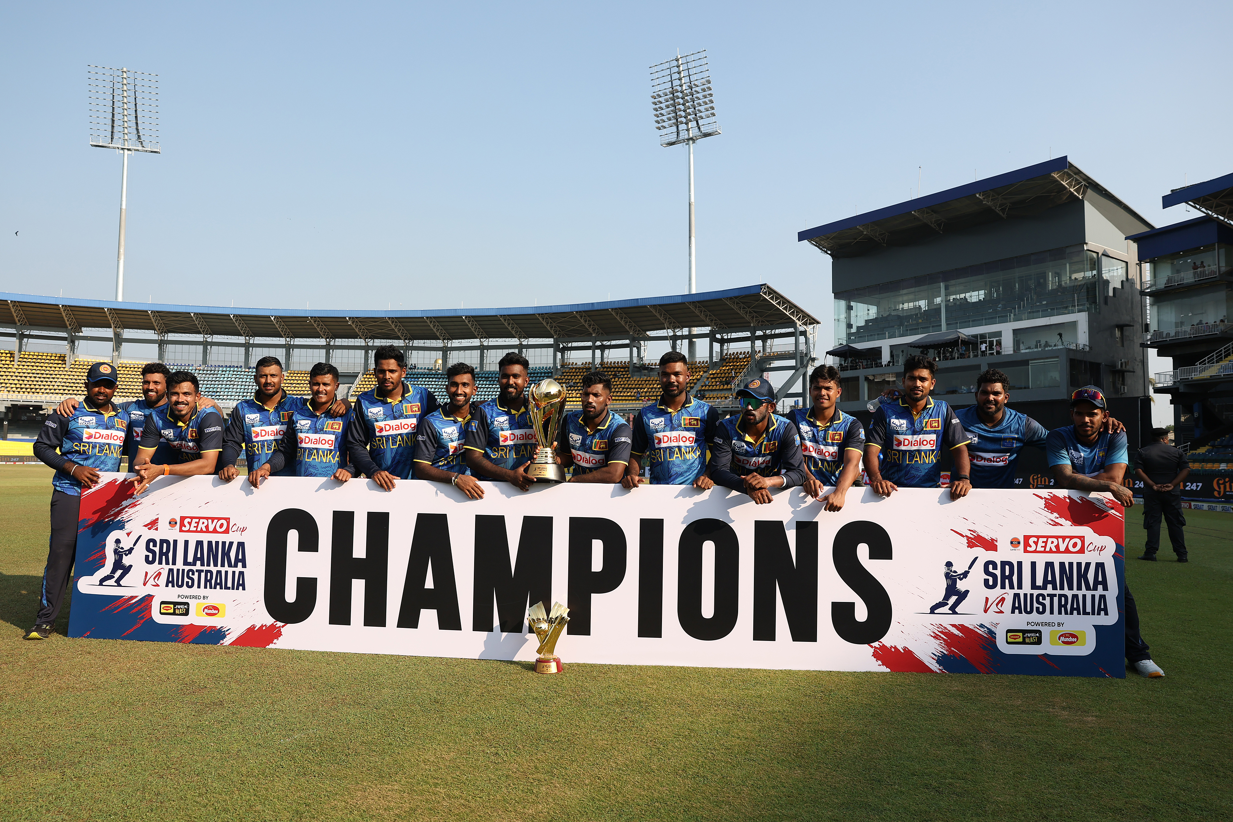 COLOMBO, SRI LANKA - FEBRUARY 14: Sri Lanka pose with the winners trophy after they defeated Australia during the ODI match between Sri Lanka and Australia at R. Premadasa Stadium on February 14, 2025 in Colombo, Sri Lanka. (Photo by Robert Cianflone/Getty Images)