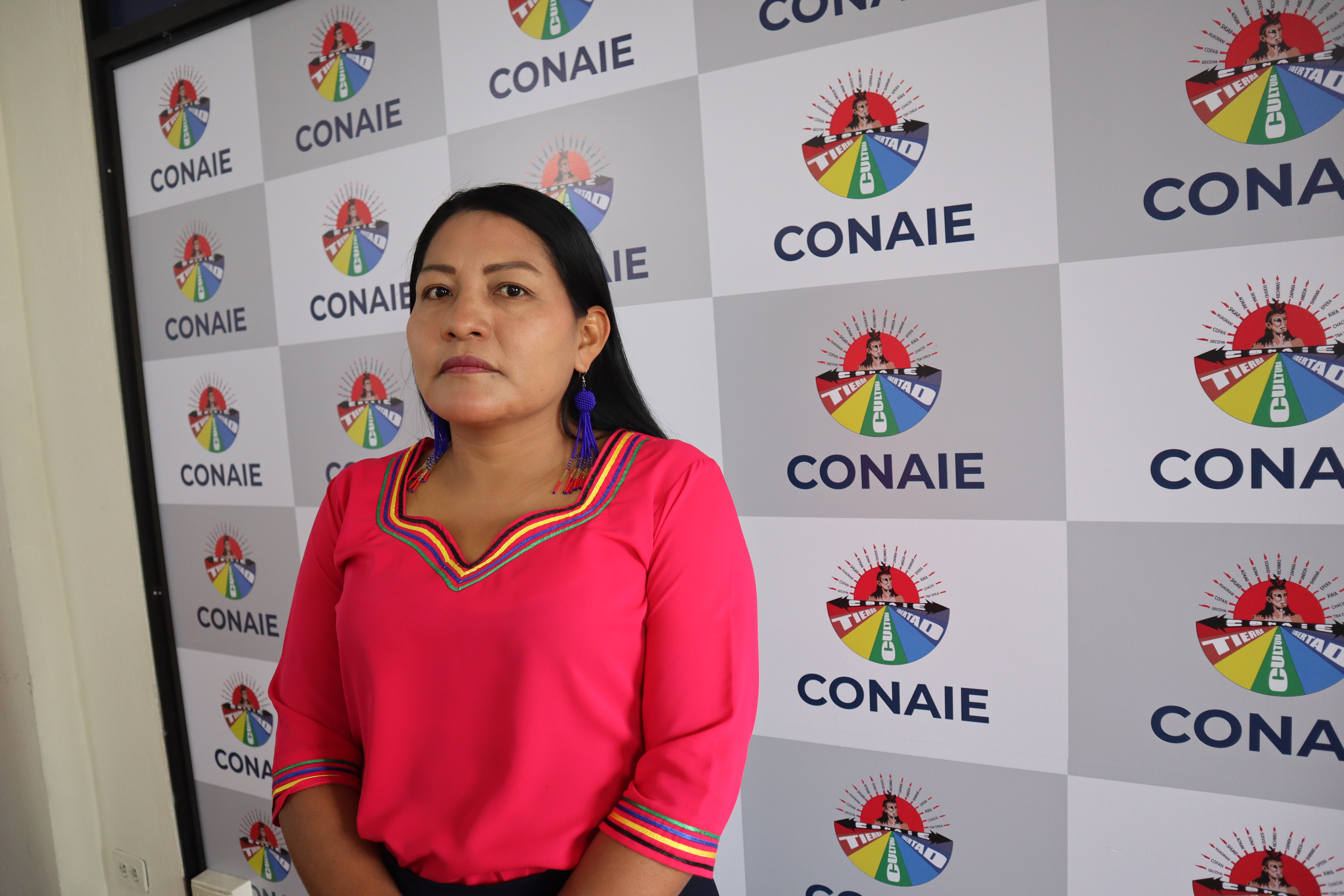 Zenaida Yasacama, acting president of Conaie, an Indigenous organization, at the Conaie headquarters in Quito, Ecuador. Date: February 5, 2025.